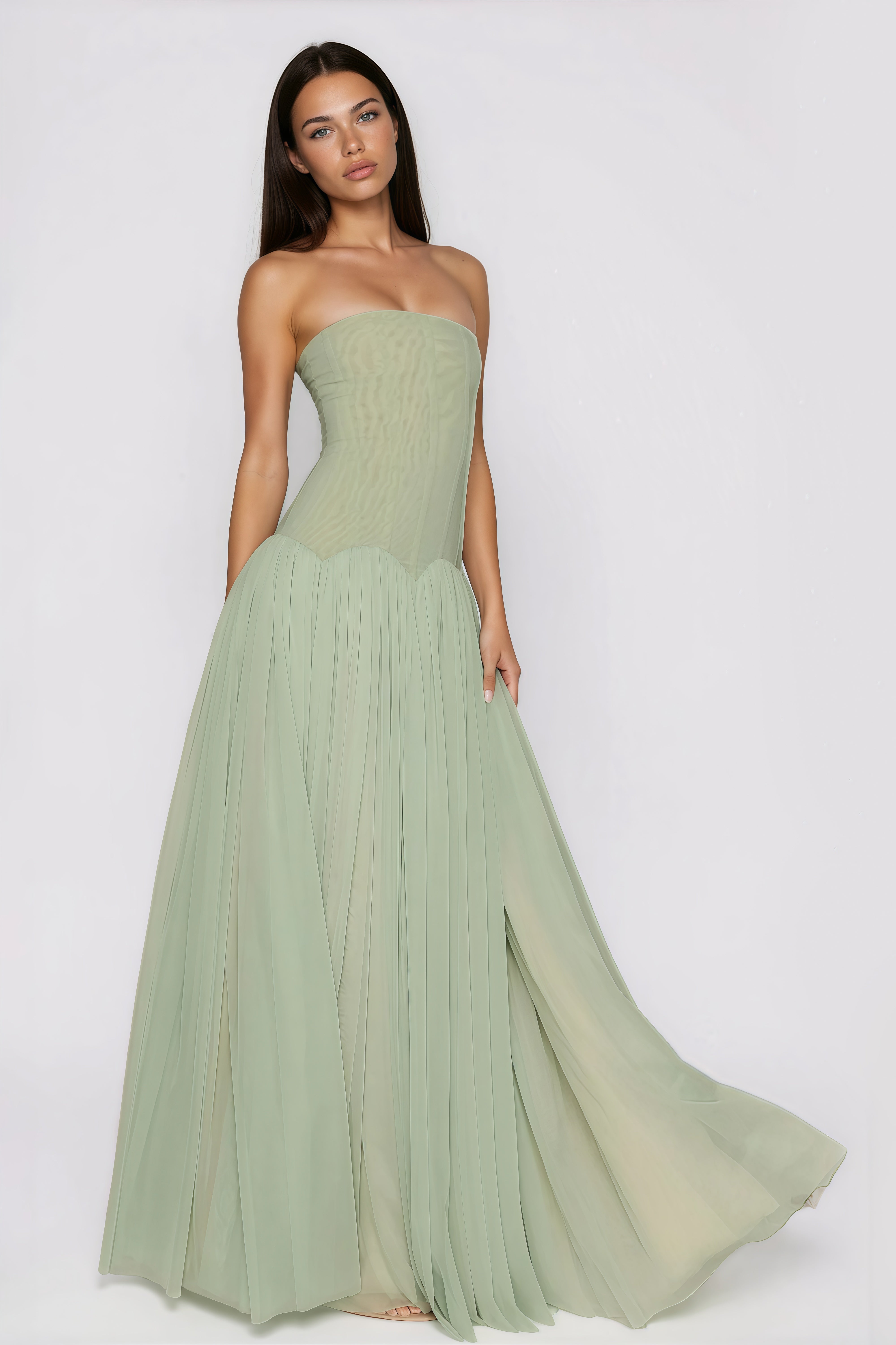 Sage Strapless Pleated Maxi Dress