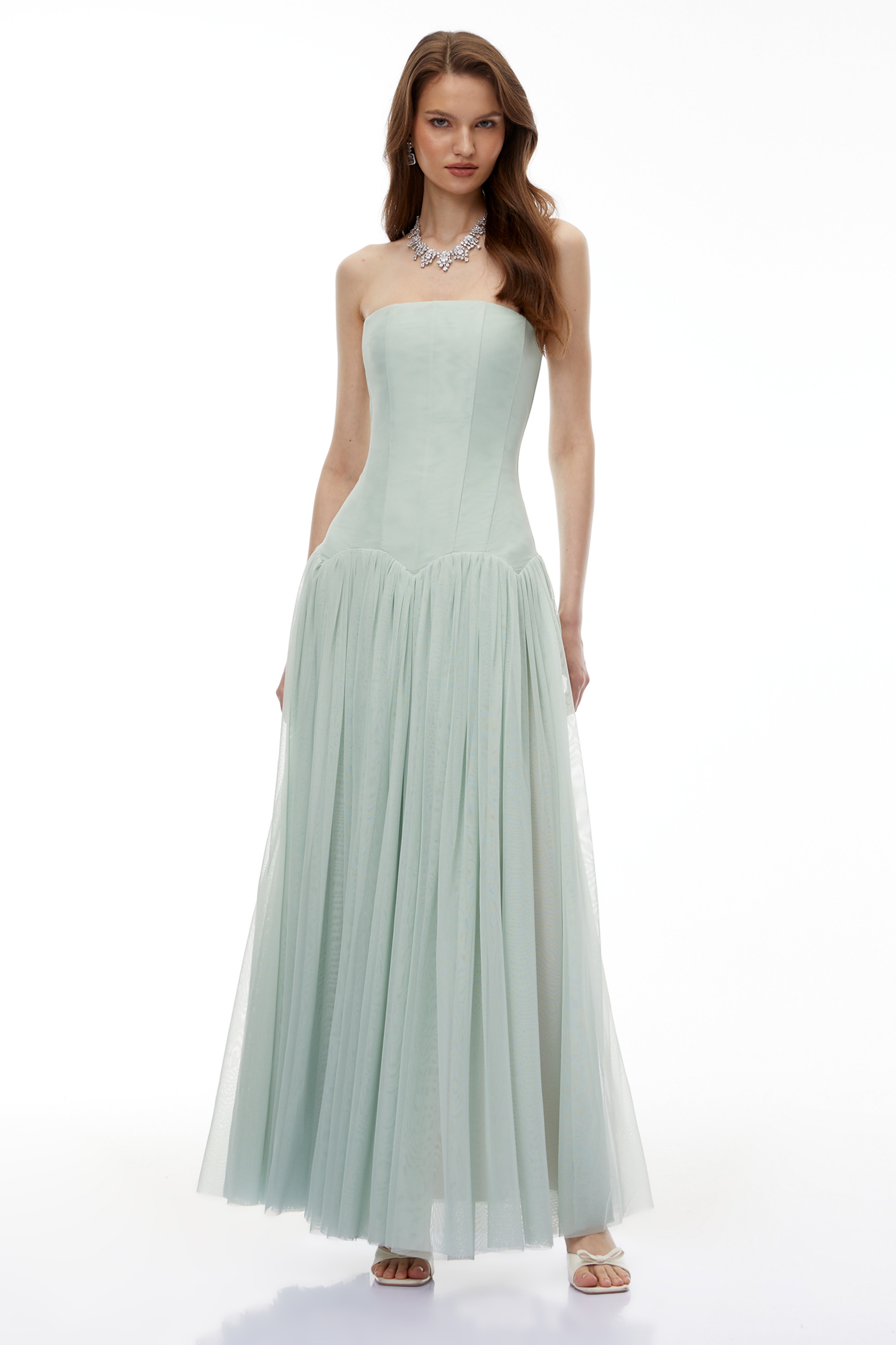 Salome Green Off Shoulder Pleated Maxi Dress