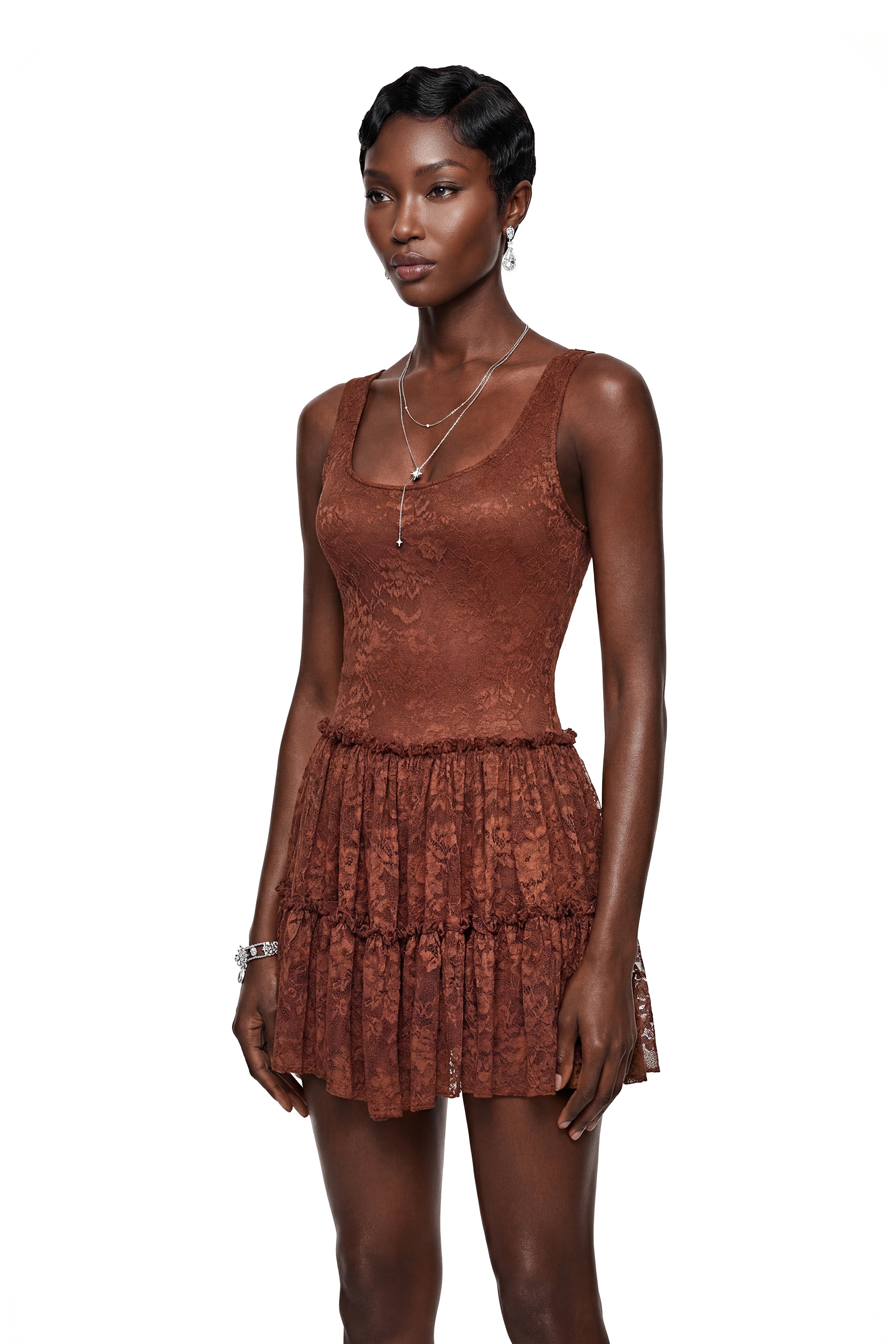 ROSIER インブリード　　アンサンブル　半袖　★新品・未使用★ 値下げ不可 Sandrine Chocolate Brown Floral Lace Tiered Mini Dress