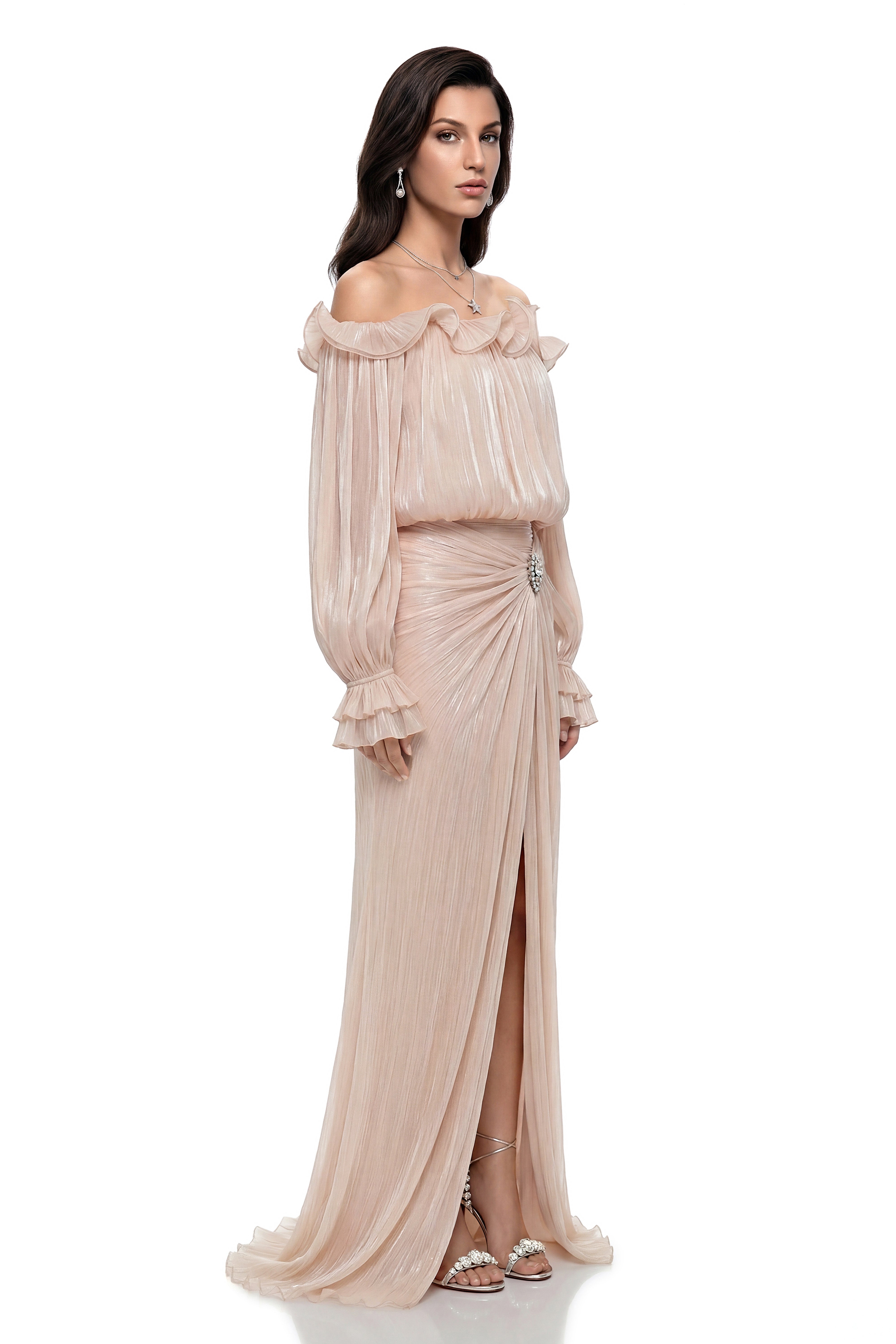 Sappho Champagne Off Shoulder Ruffled Blouse