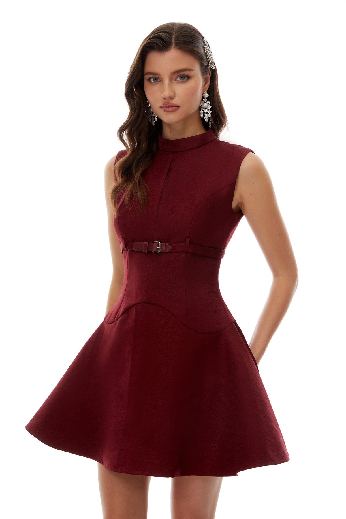strapless open back dress Flora Cherry Red Midi Dress – Maison Safiyaa USA main image 0