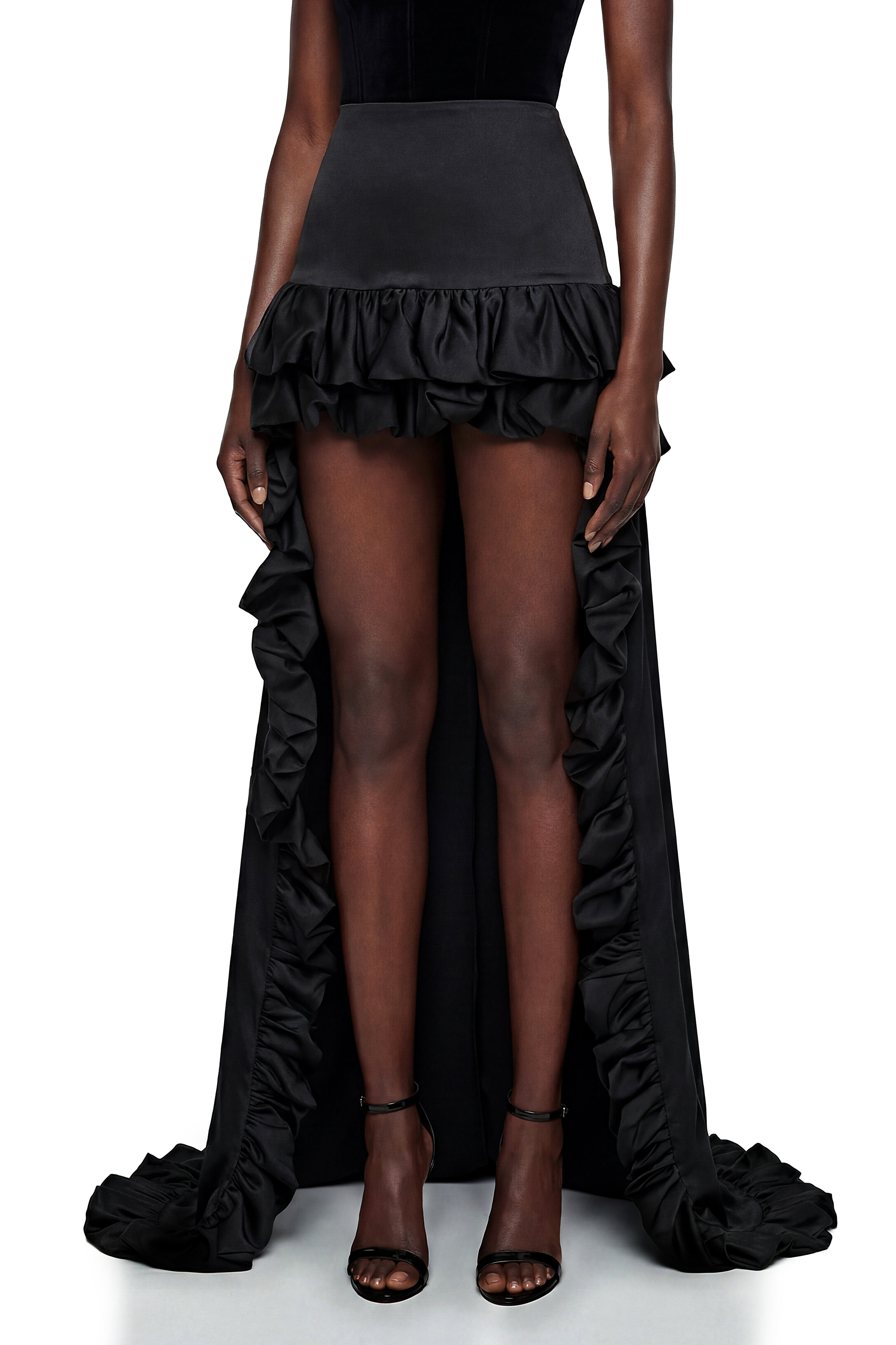 Saveria Black Ruffled High-Low Satin Skirt