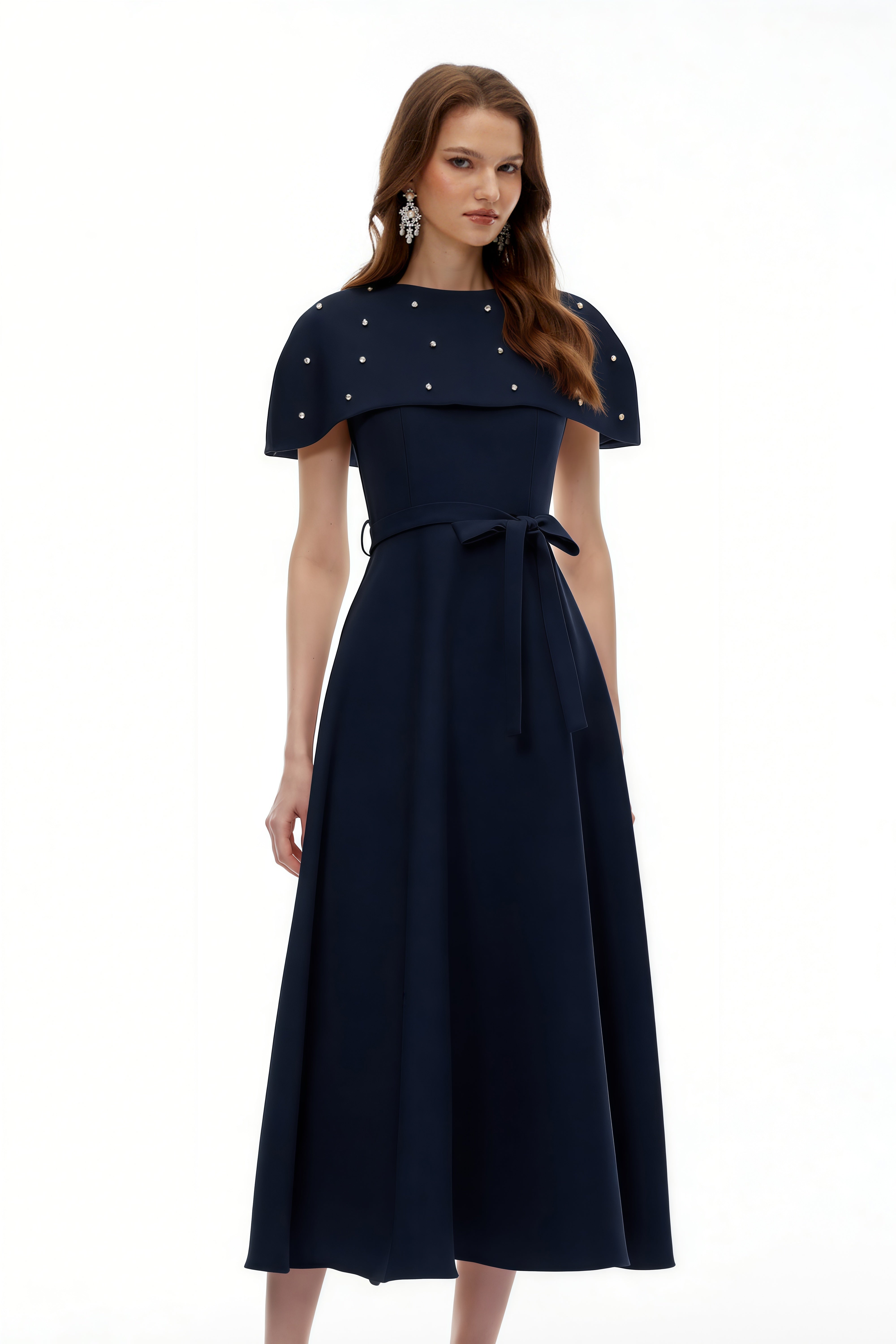 Sawda Blue Embellished Midi Dress with Cape