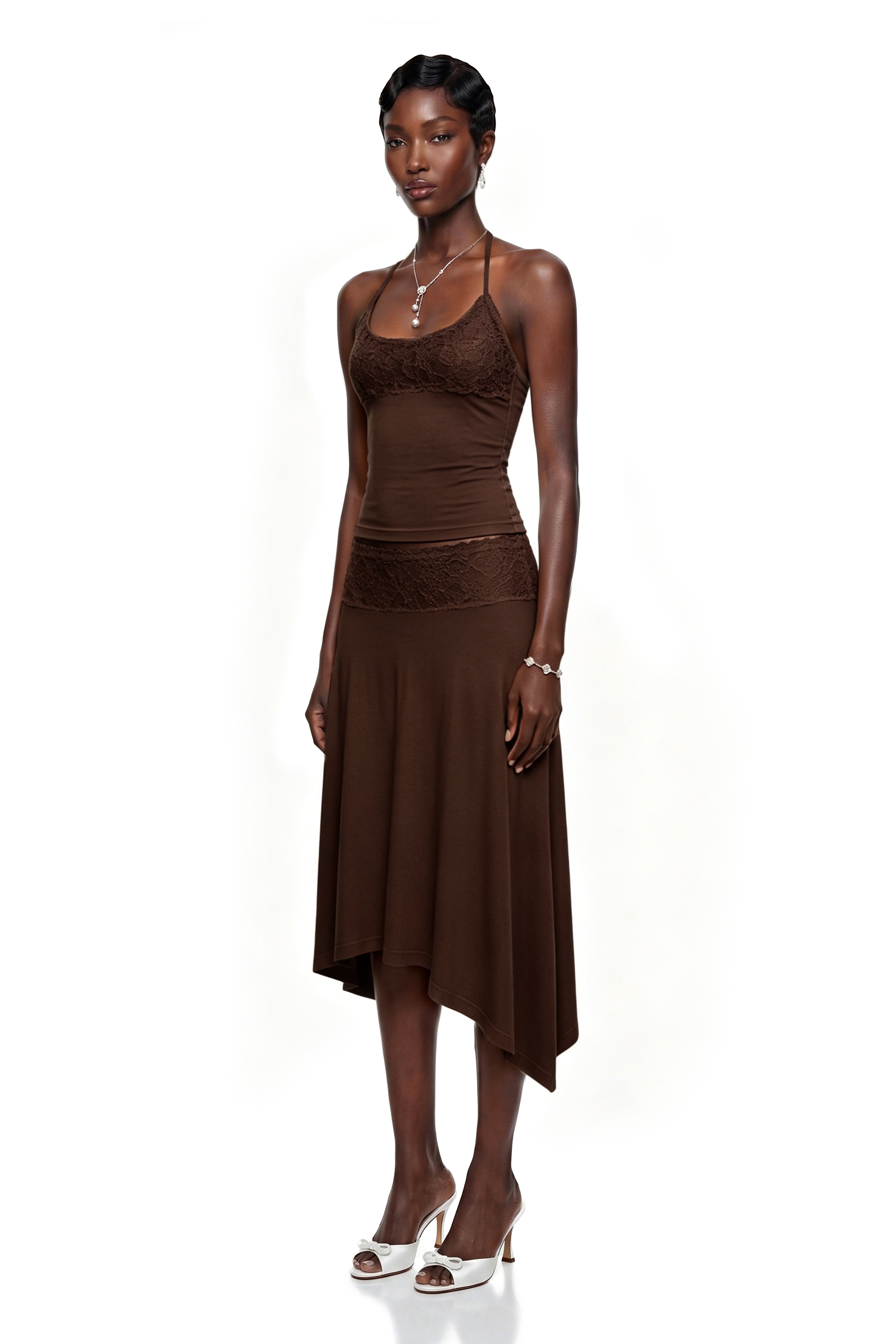 Sawda Brown Lace Panel Top & Skirt Set