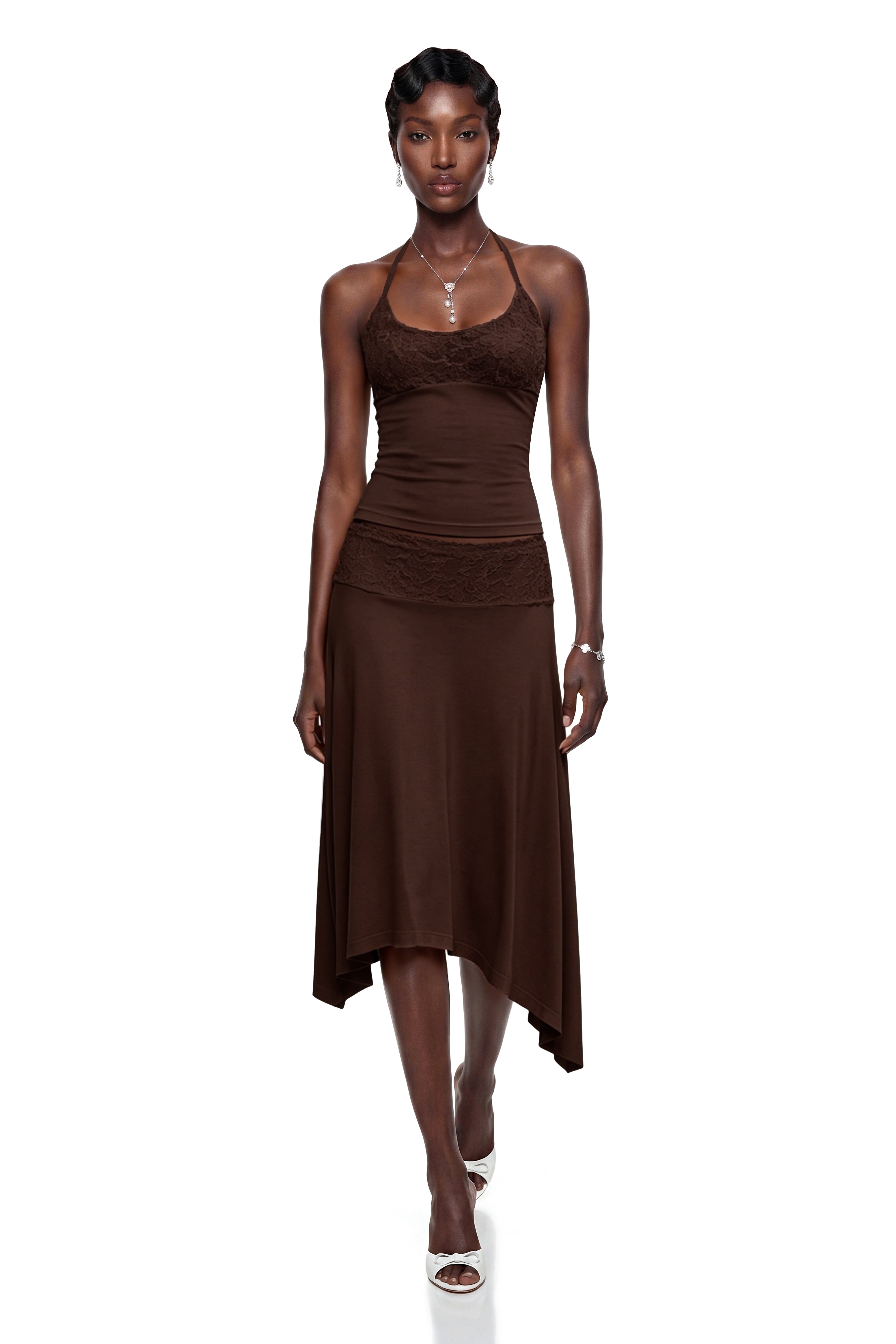 Sawda Brown Lace Panel Top & Skirt Set