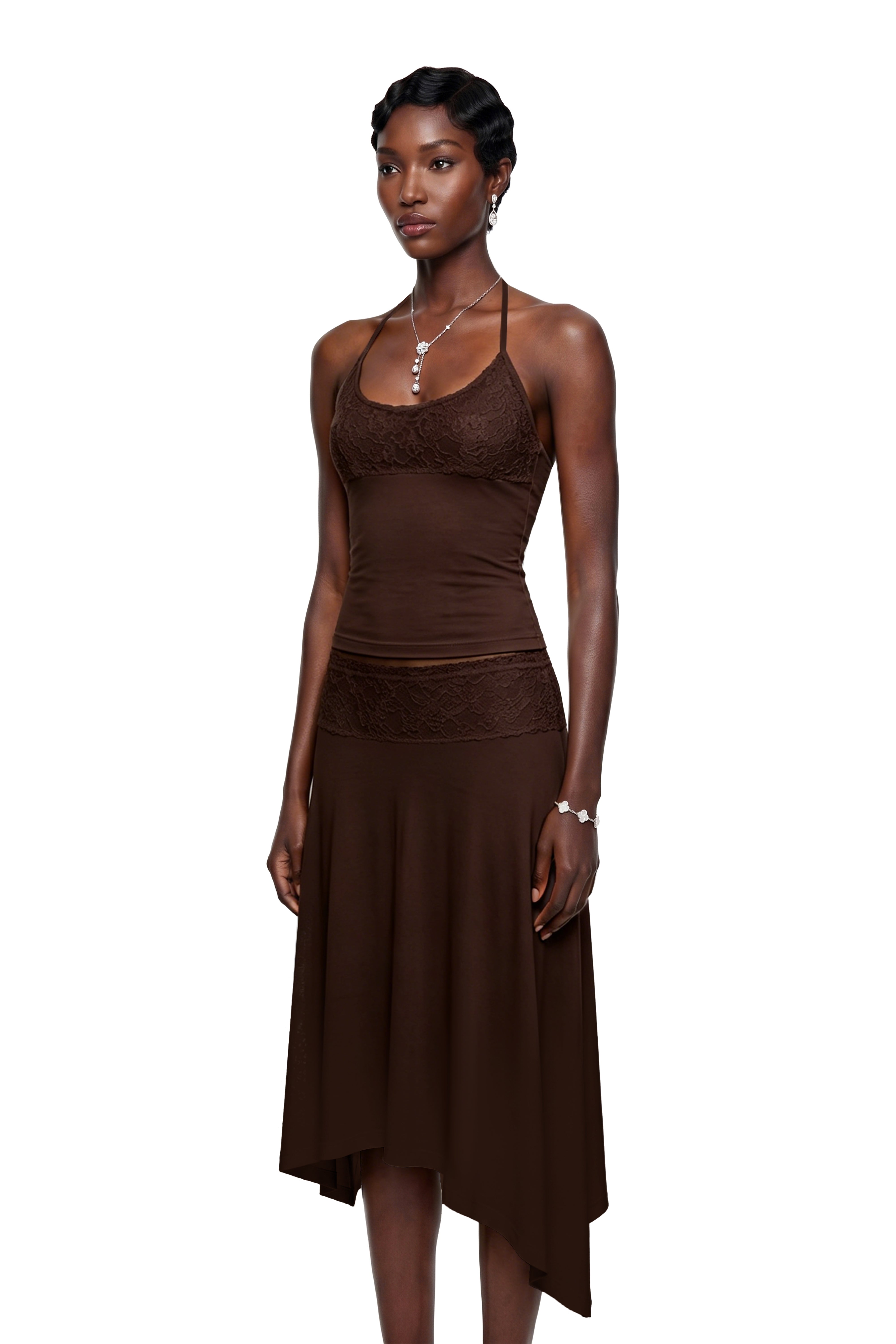 Sawda Brown Lace Panel Top & Skirt Set