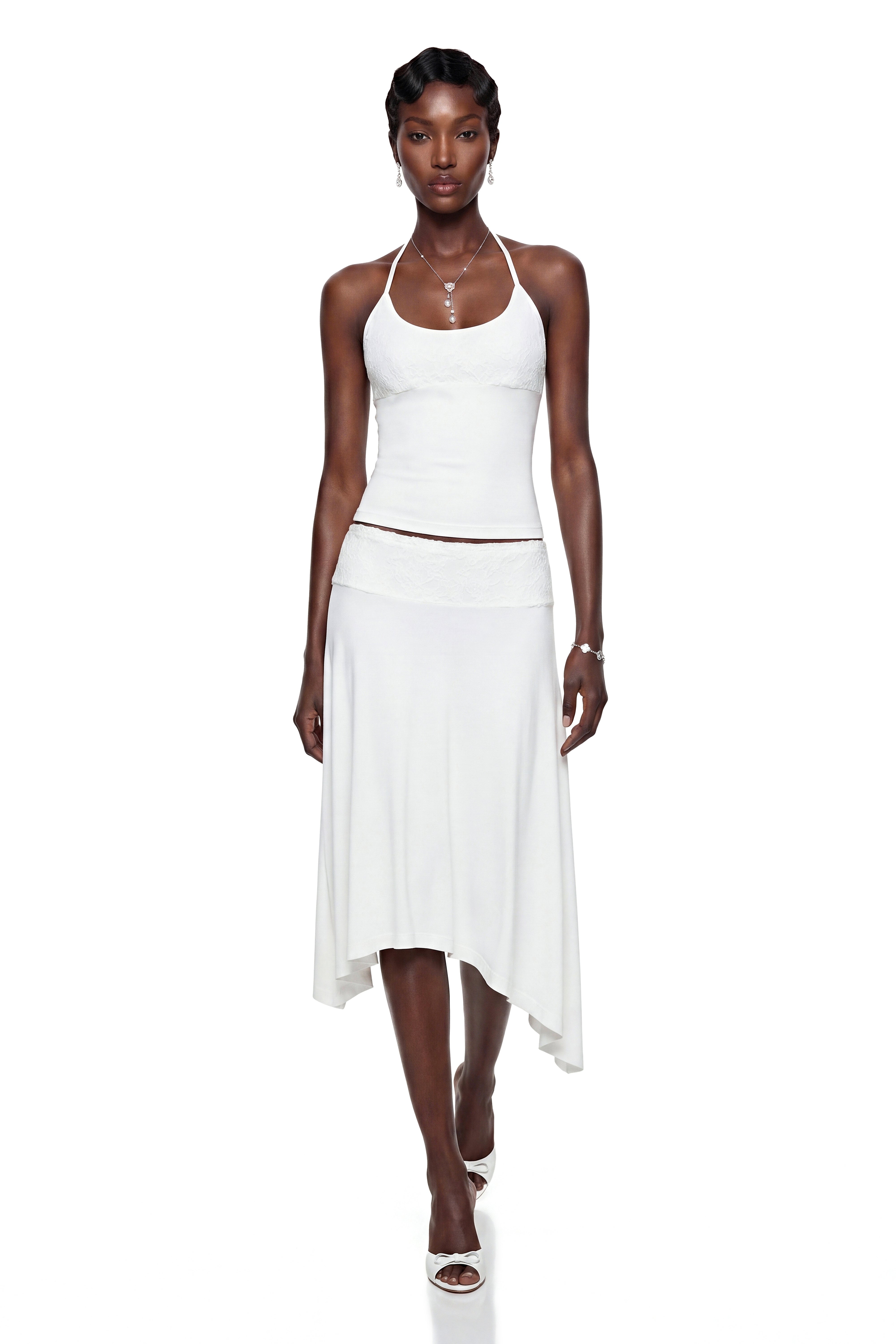 Sawda White Lace Panel Top & Skirt Set