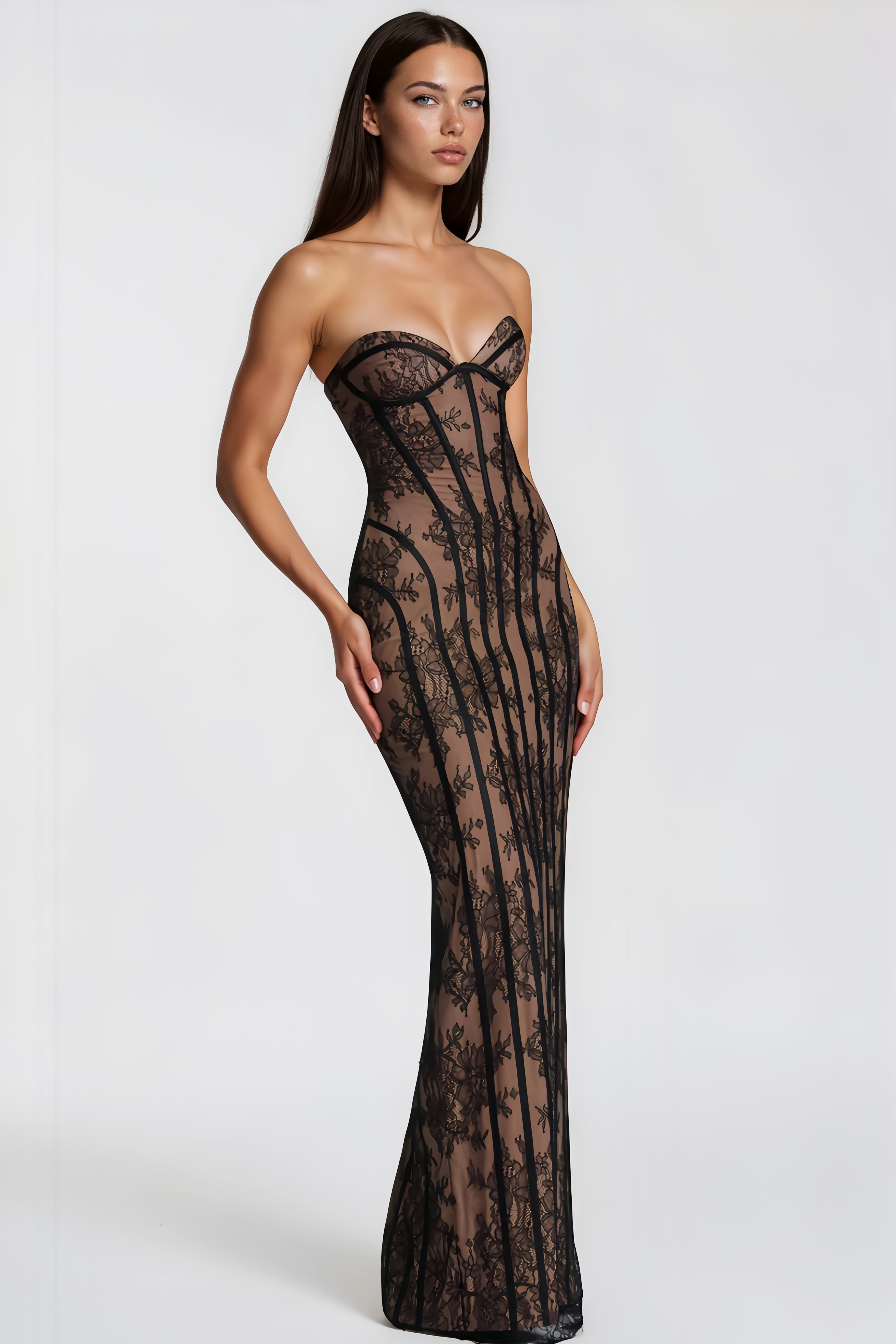 Strapless Floral Lace Maxi Dress