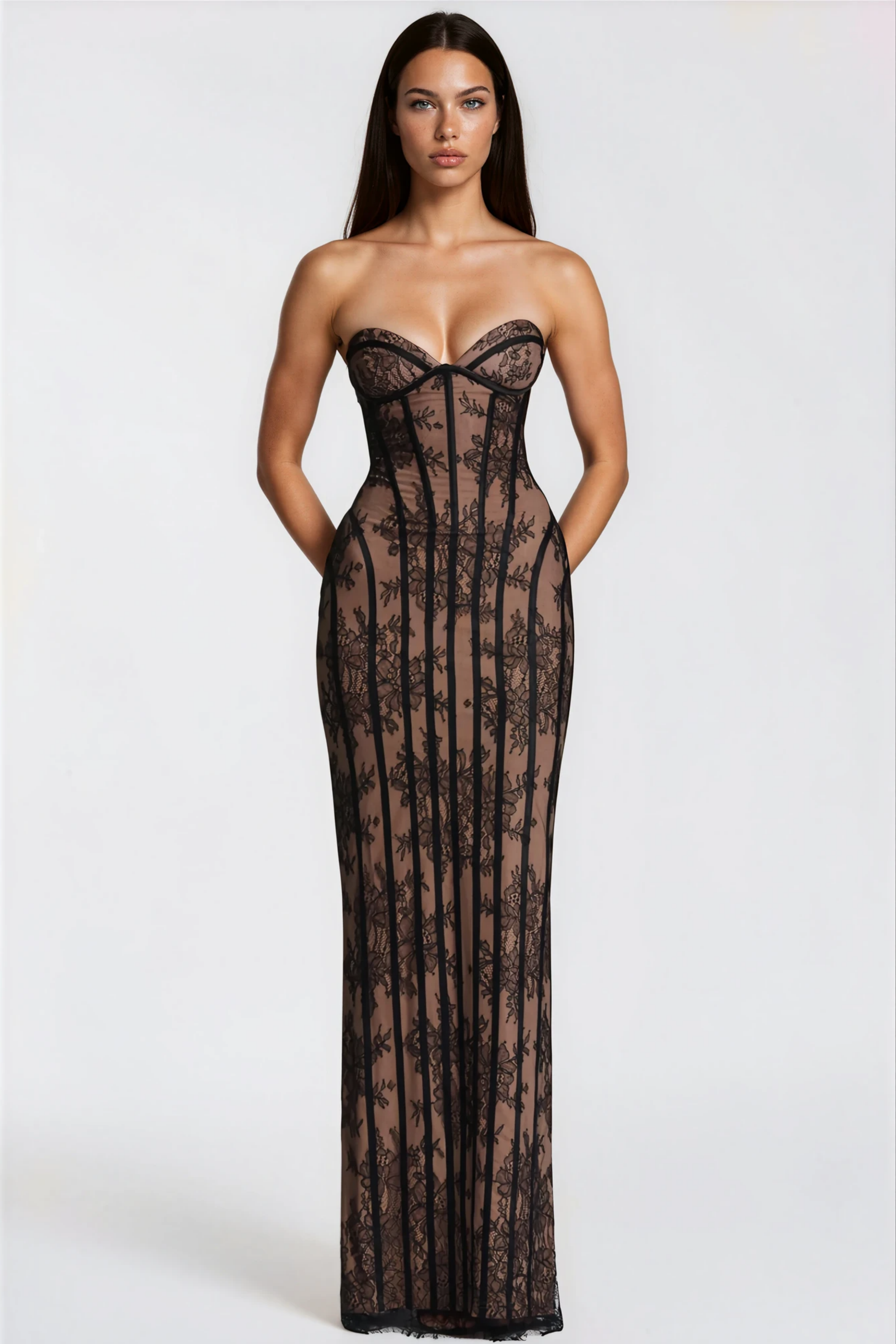 Strapless Floral Lace Maxi Dress