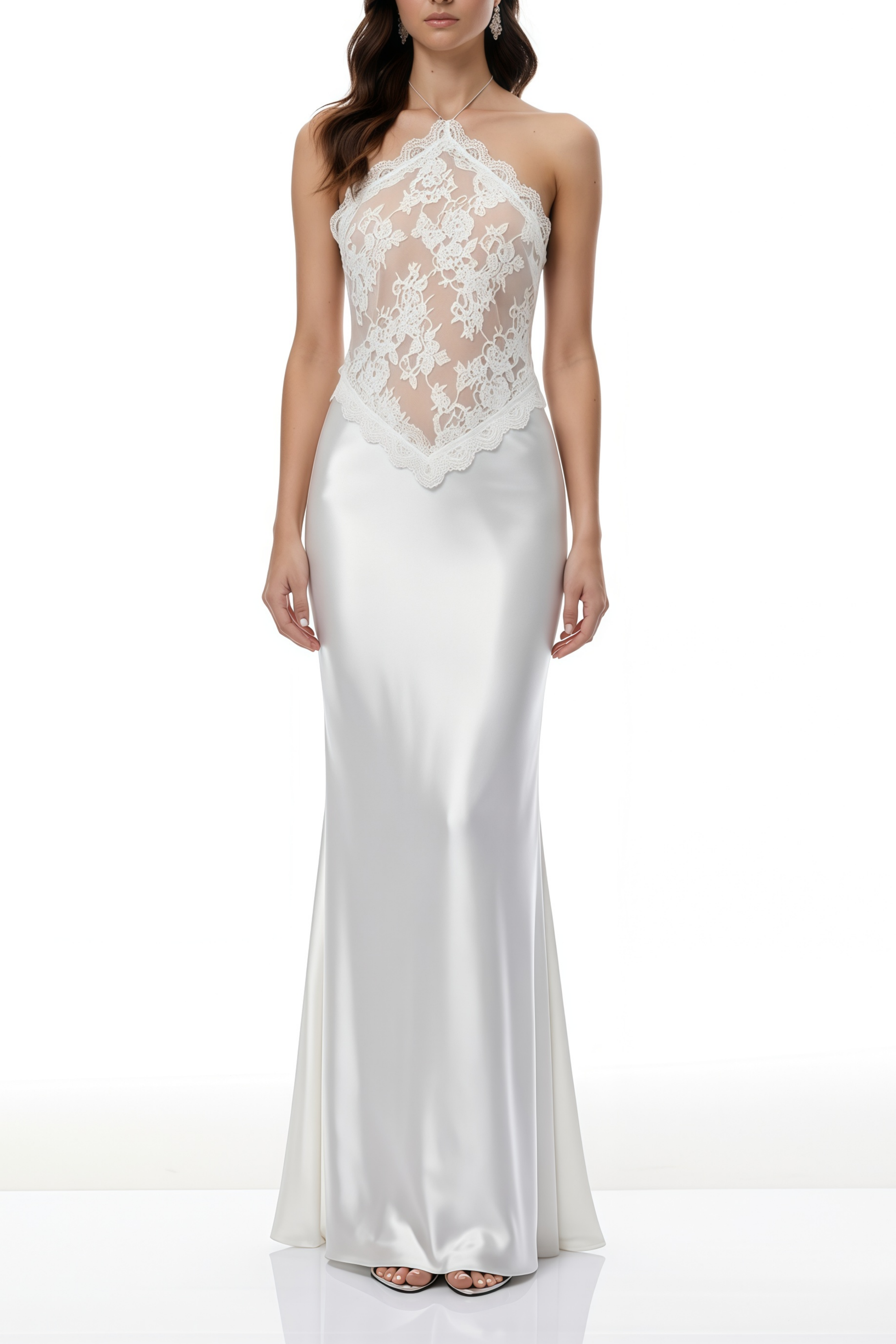 Selene White Lace Panel Satin Maxi Dress