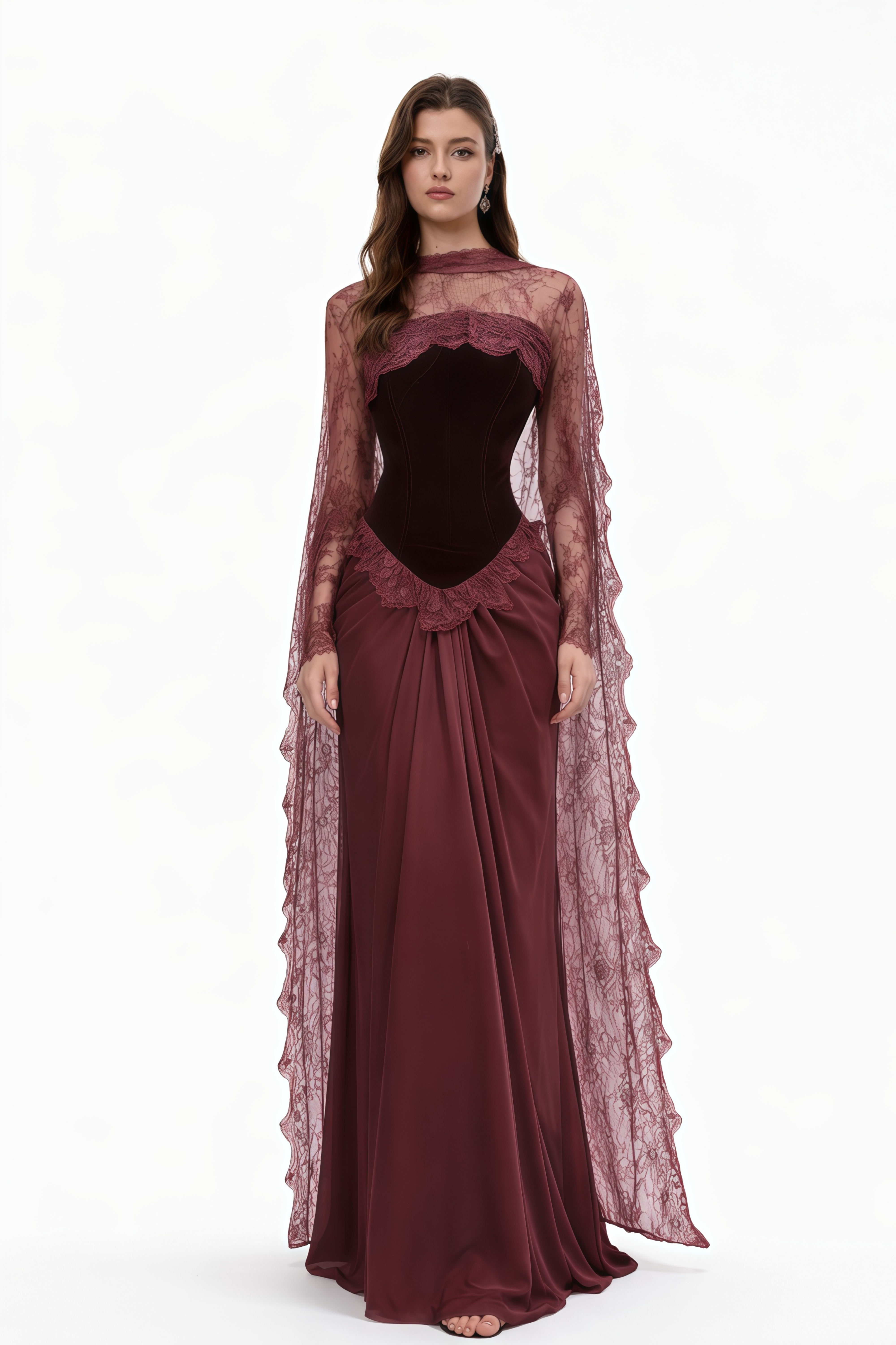 فستان طويل من الدانتيل المزين بالزهور باللون الأحمر من "سيرافينا" مع رداء