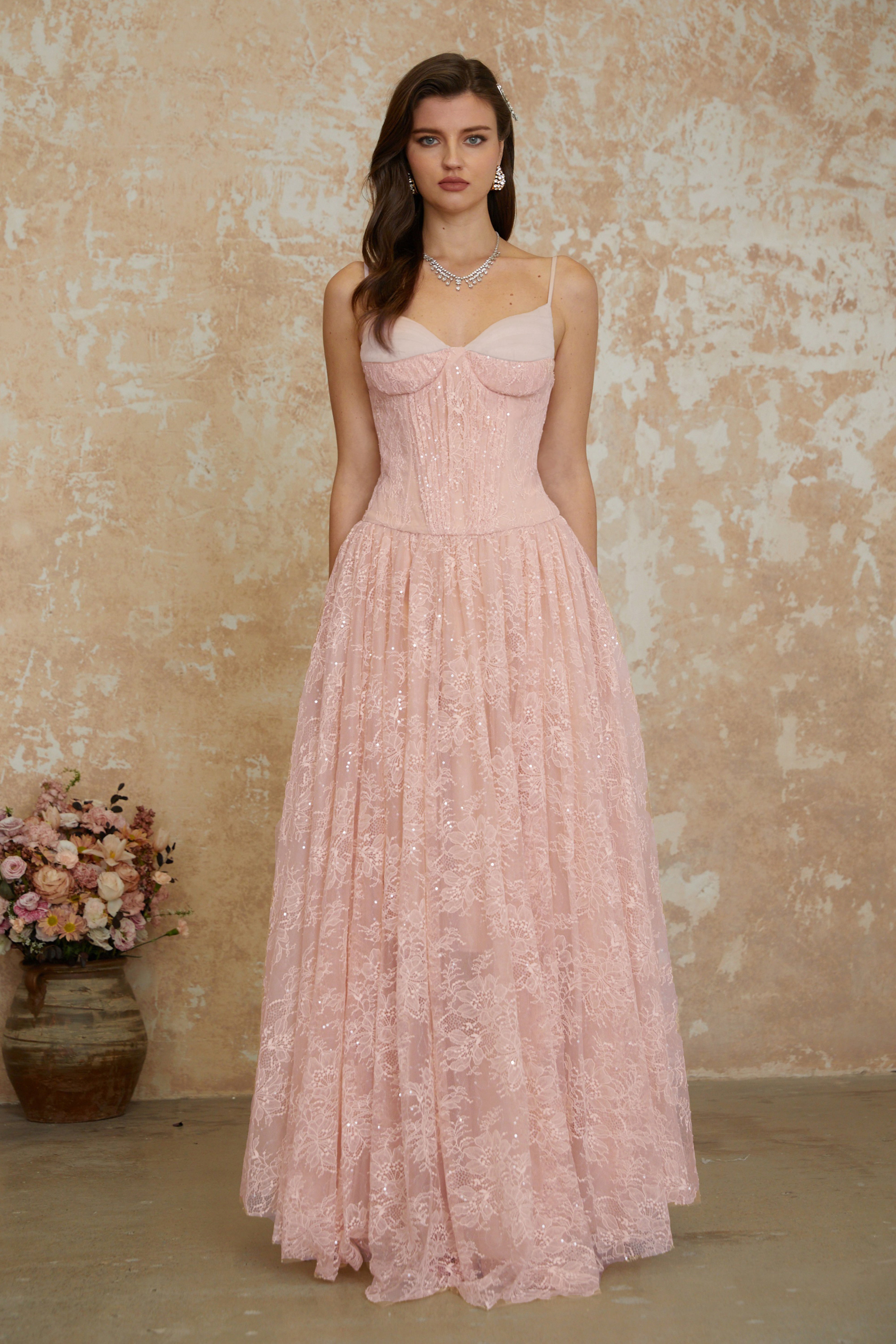 Pink Floral Lace Tulle Maxi Dress