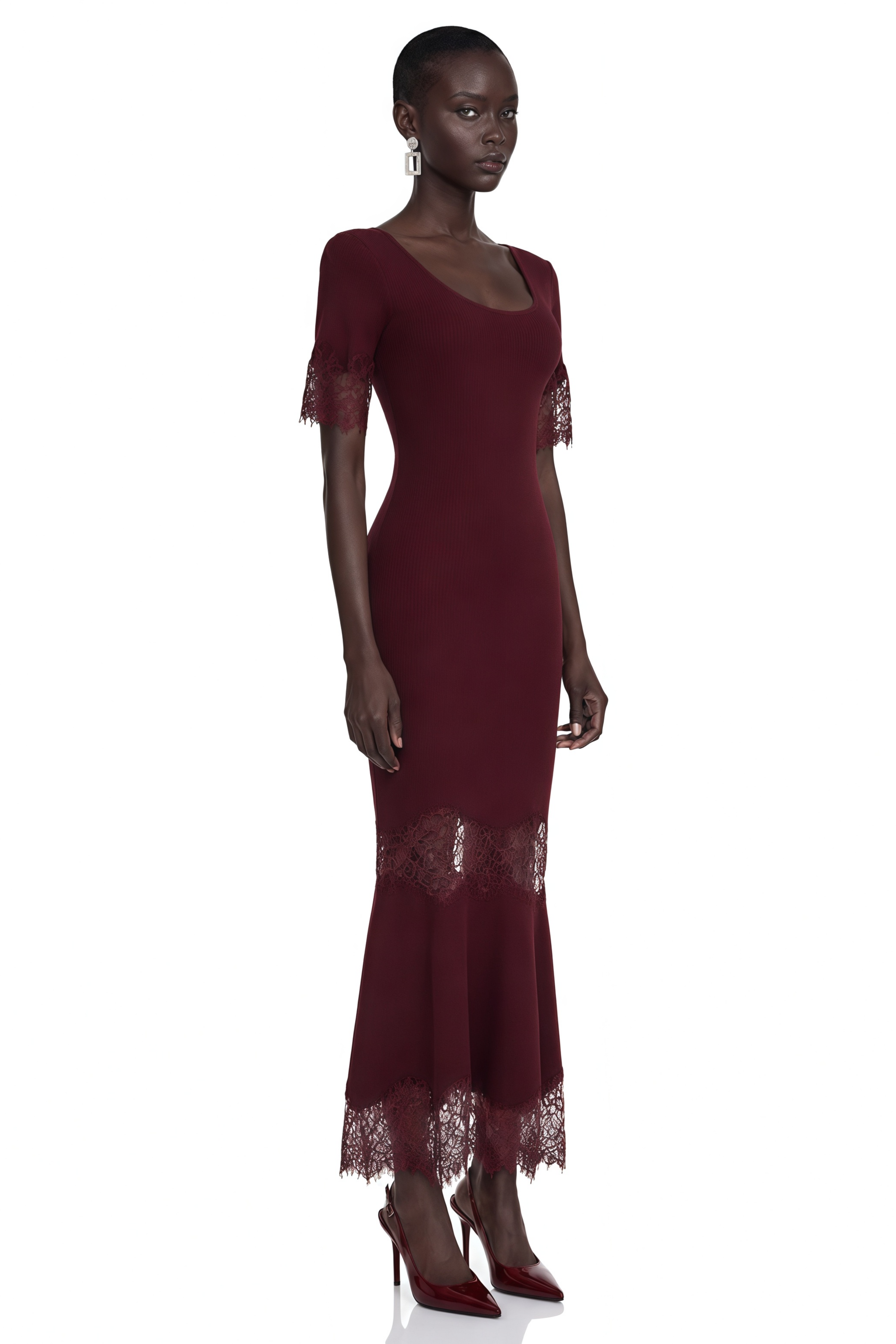 Sharon Burgundy Round Neck Maxi Dress with Lace Trim