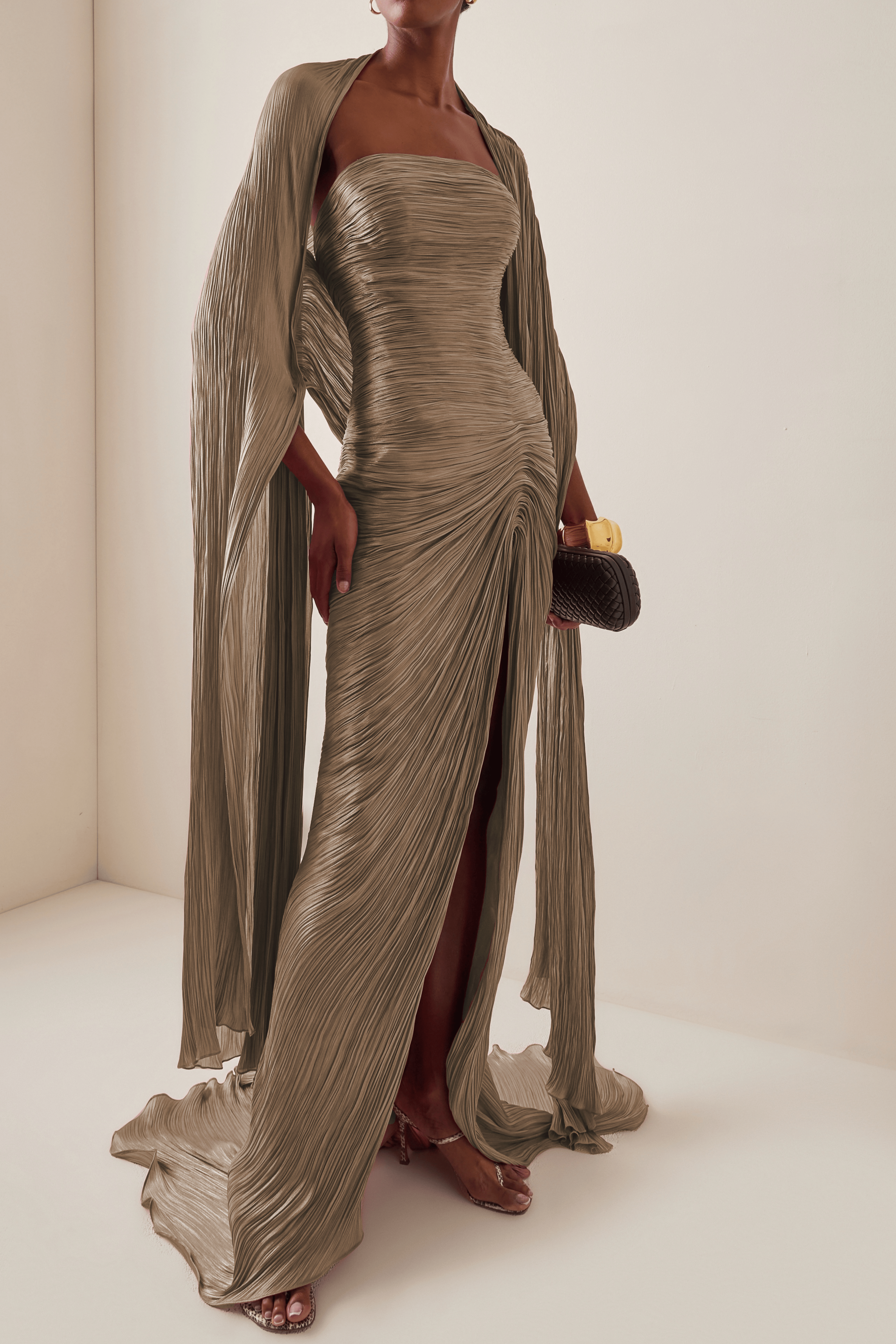 Shifra Brown Asymmetrical Cape Maxi Dress