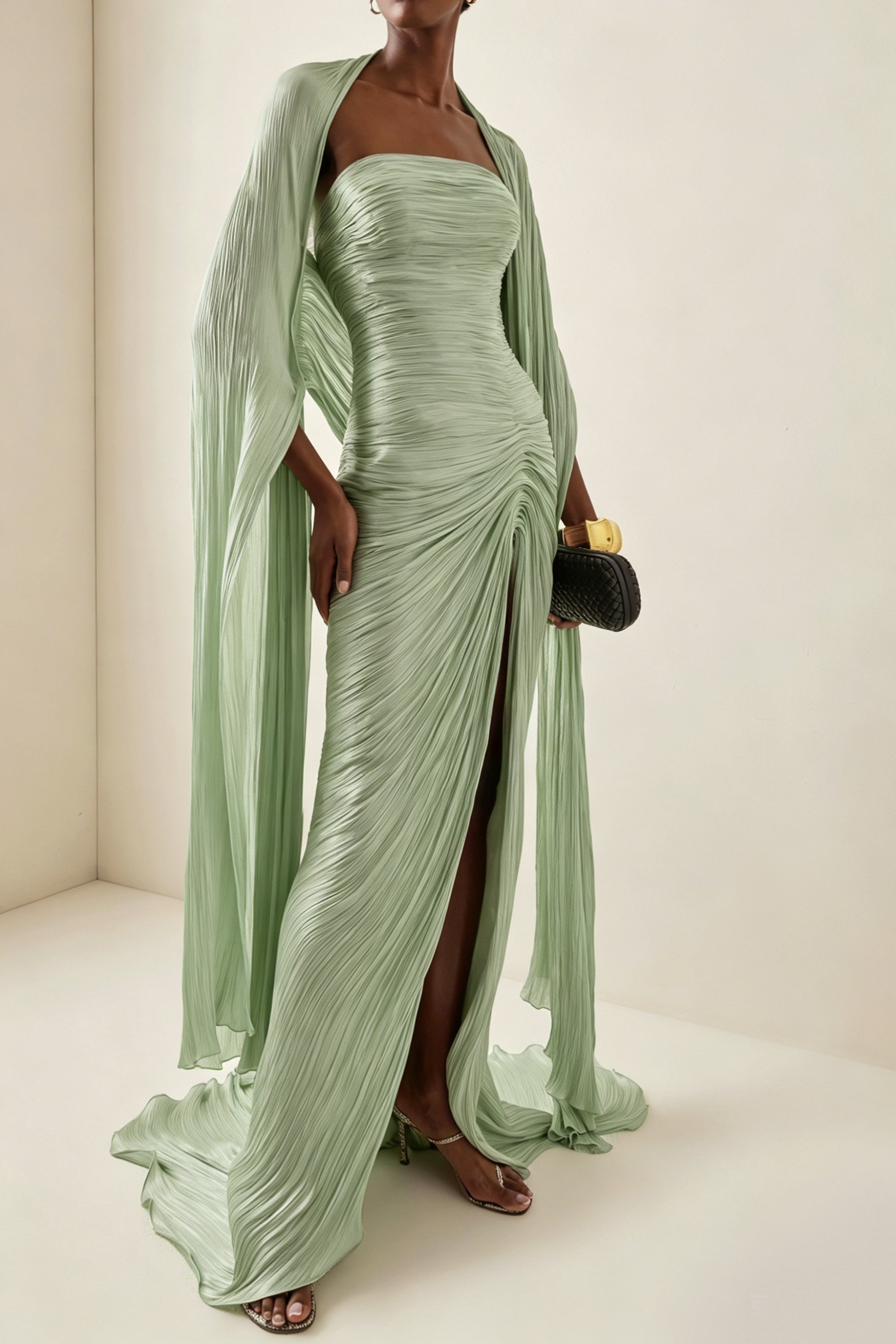 Green Strapless Plissé Silk-Satin Gown & Cape