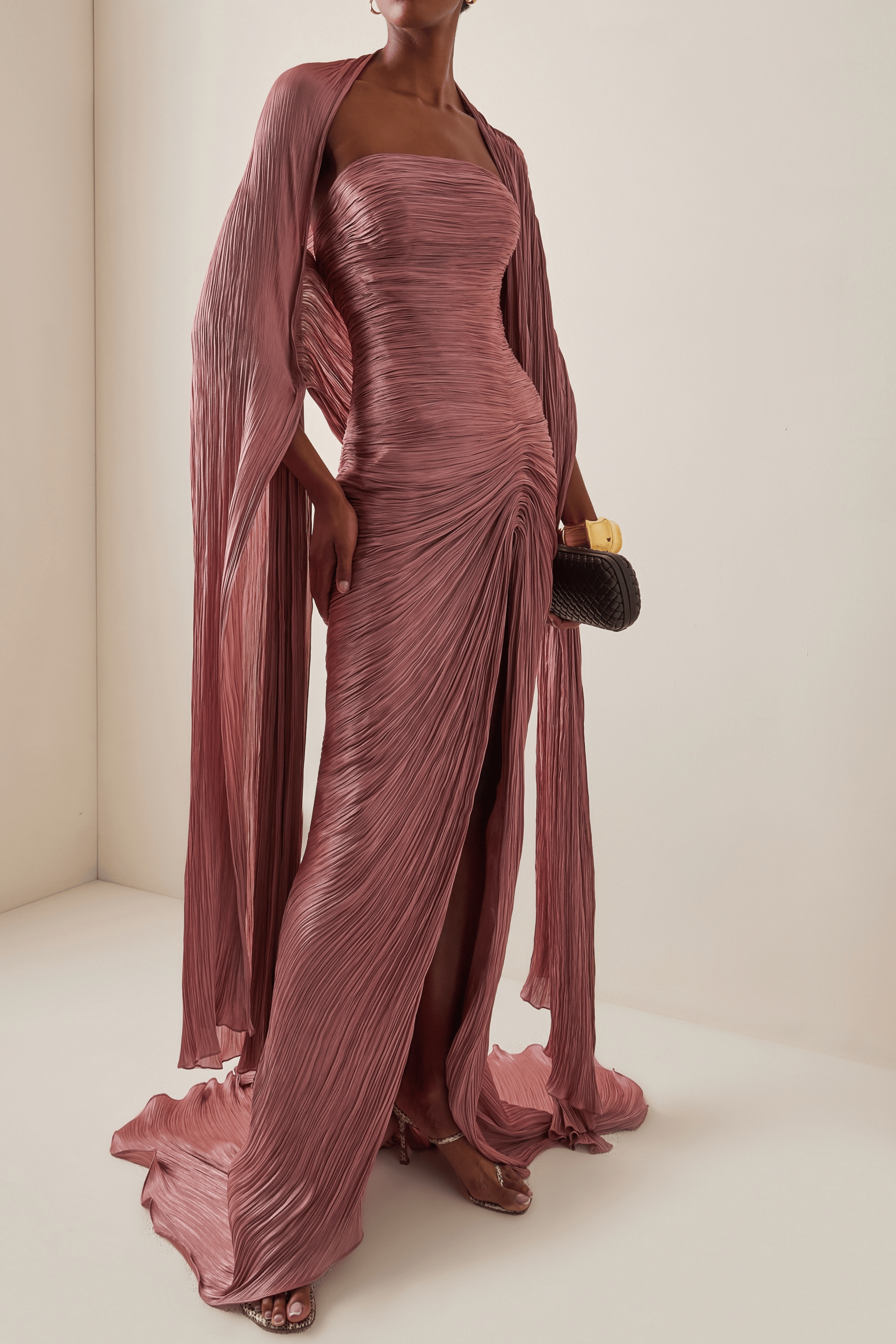 Pink Strapless Plissé Silk-Satin Gown & Cape