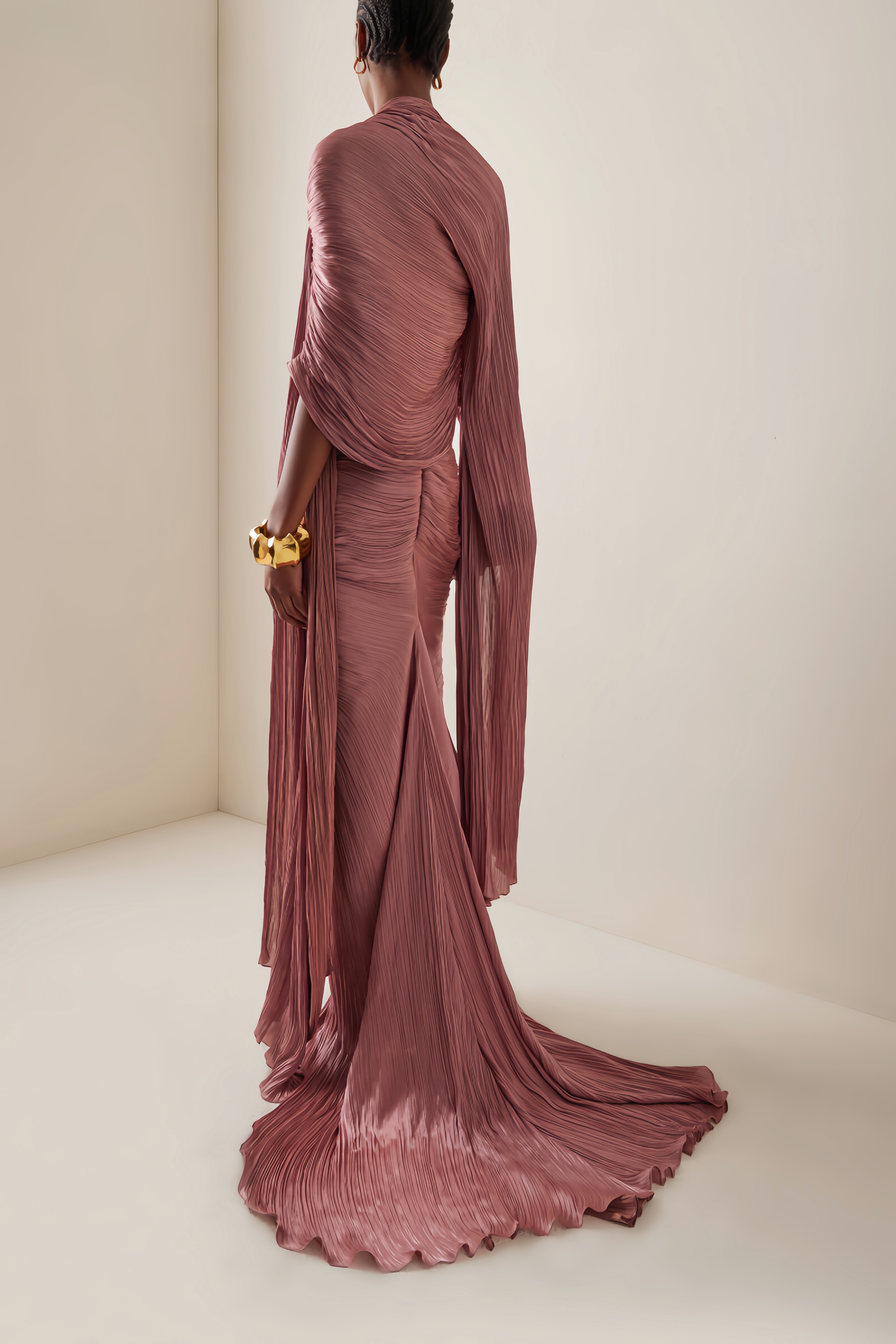 Pink Strapless Plissé Silk-Satin Gown & Cape