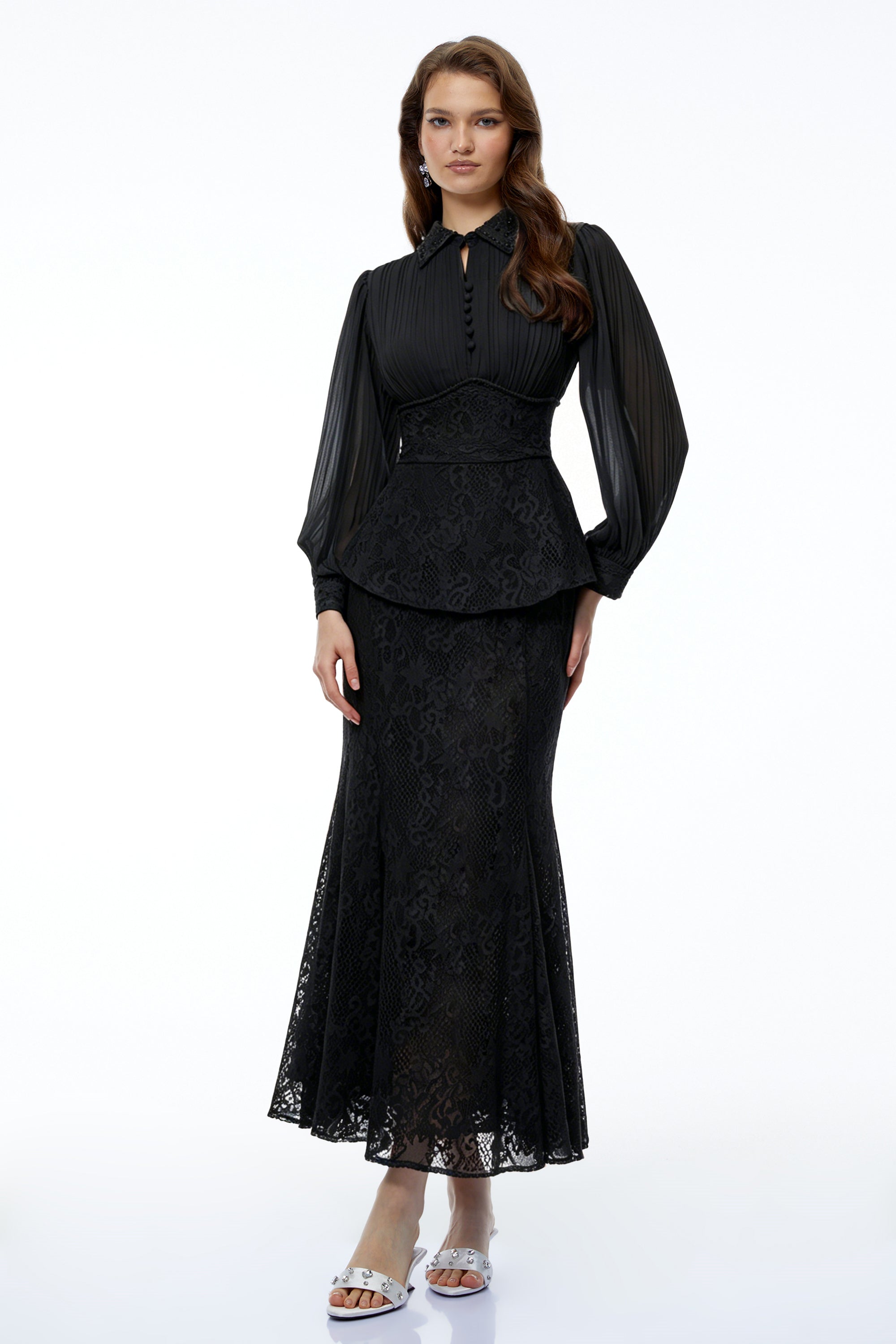 Sigrid Black Lace Panel Blouse & Skirt Set