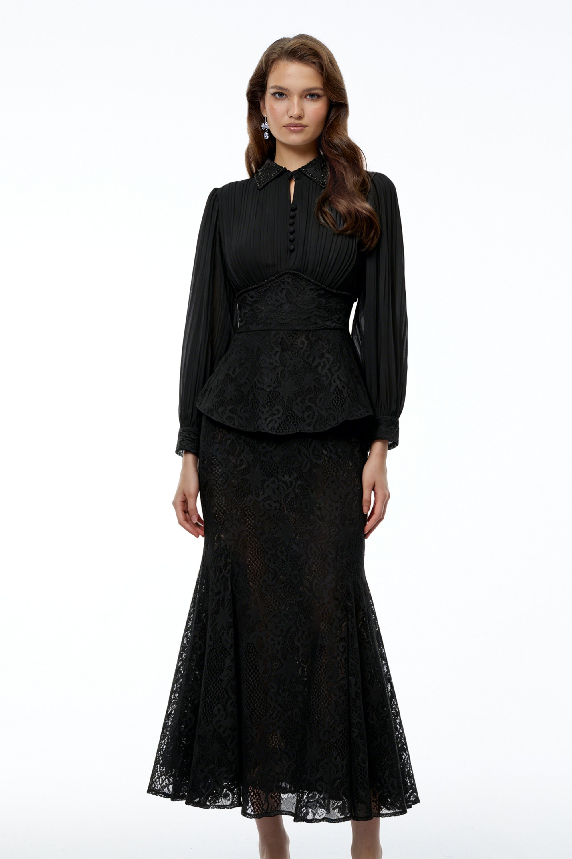 Sigrid Black Lace Panel Blouse & Skirt Set