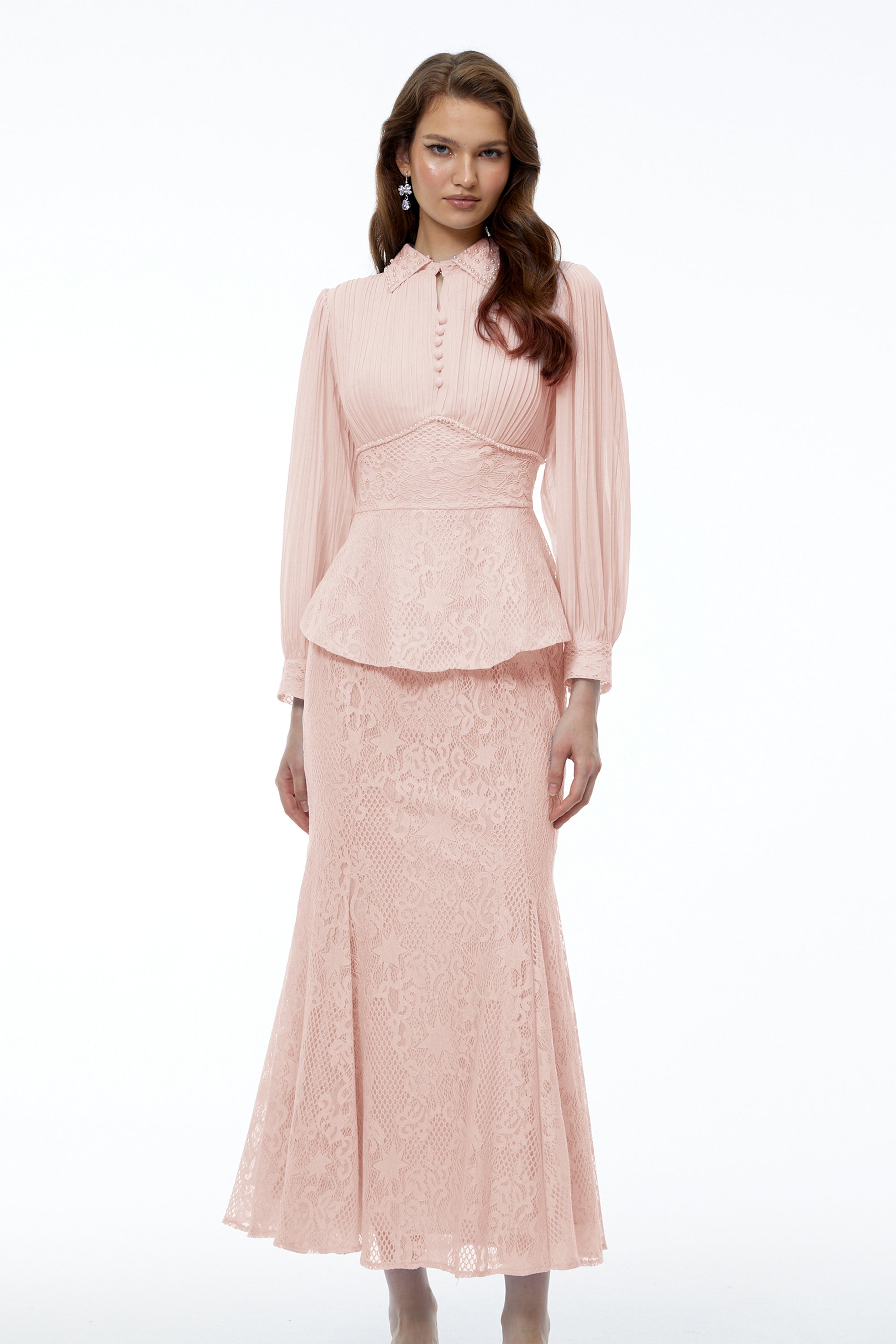 Sigrid Pink Lace Panel Blouse & Skirt Set