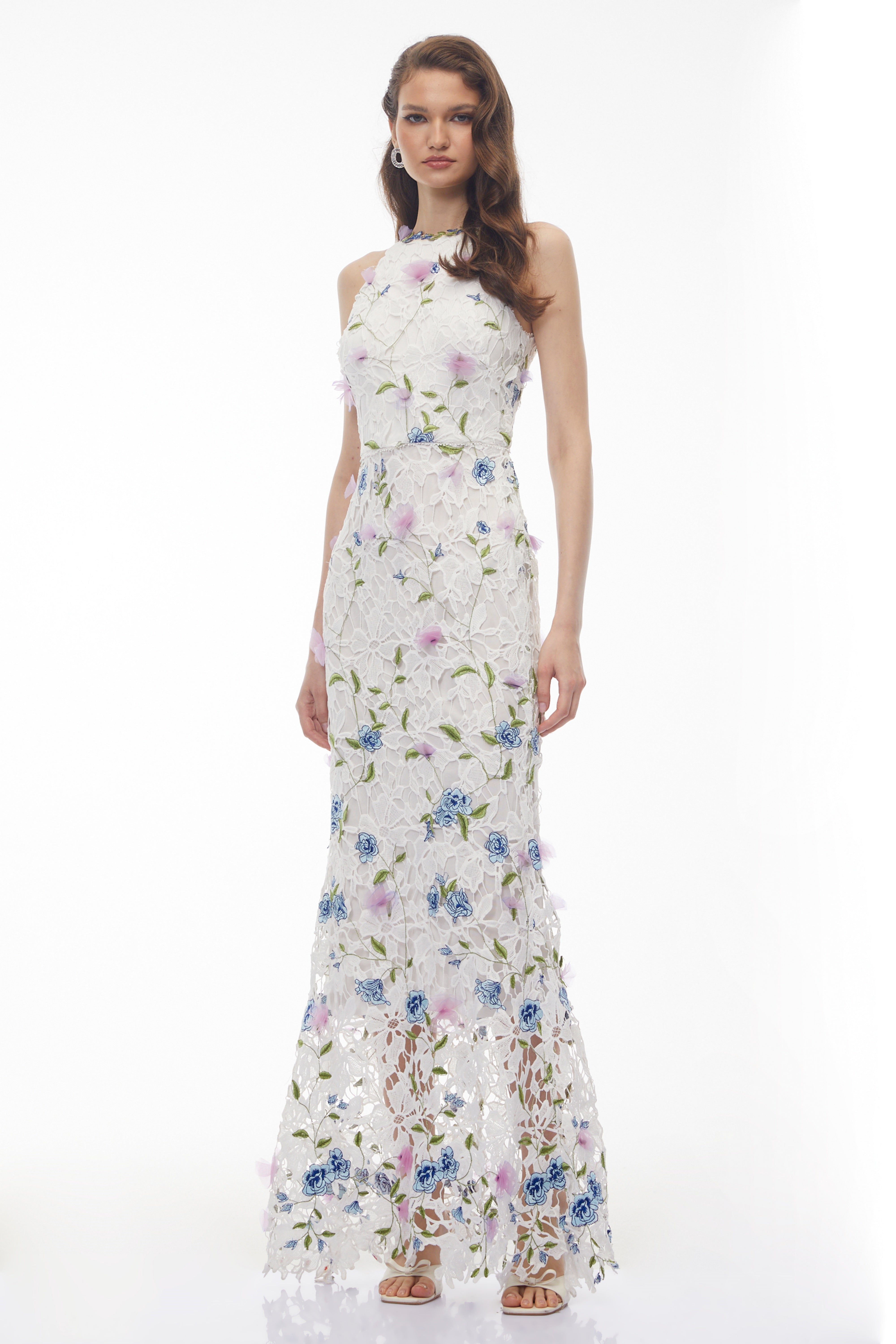 Robe longue Simcha à appliqués floraux blancs