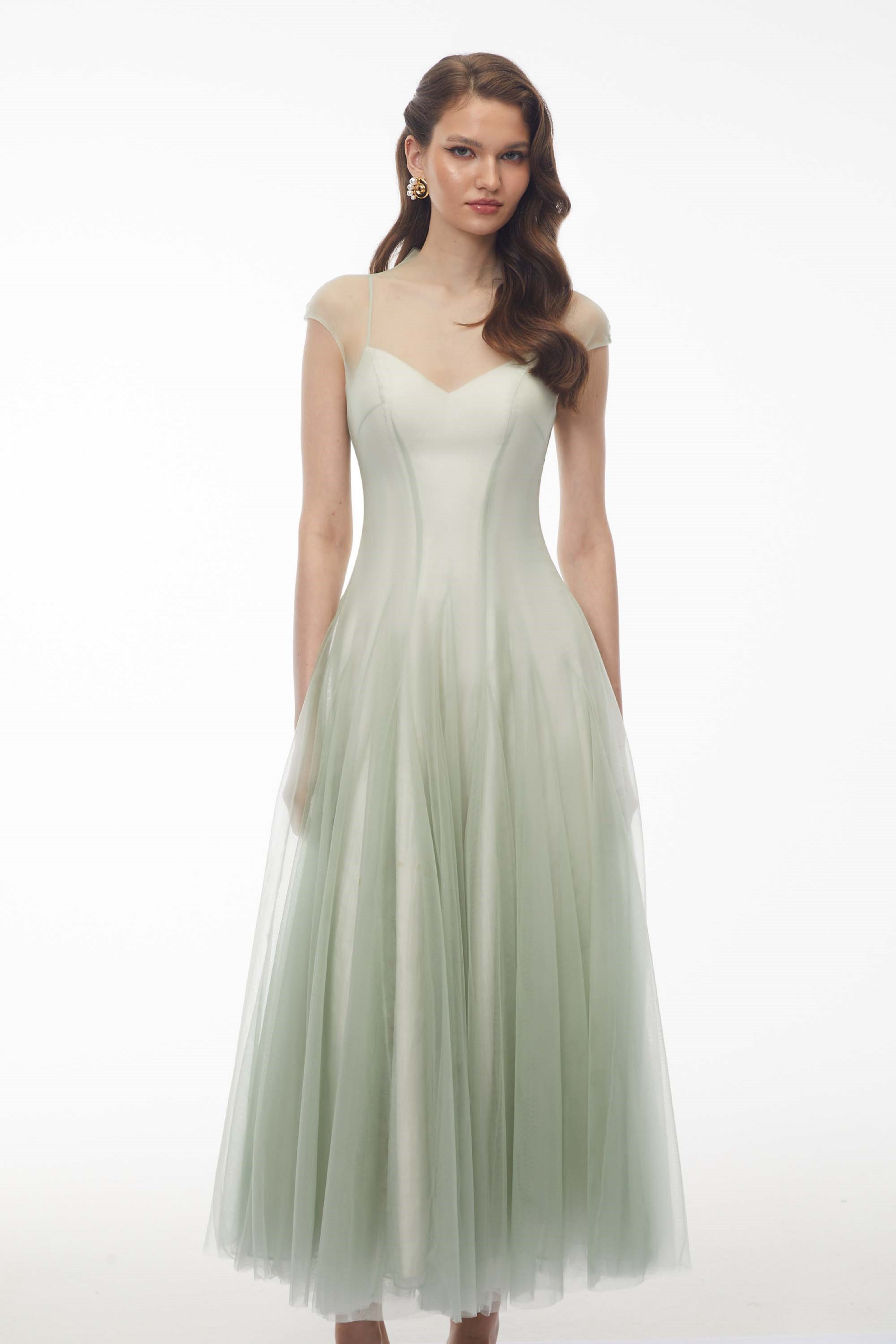 Simin Green Semi-Sheer Tulle Maxi Dress