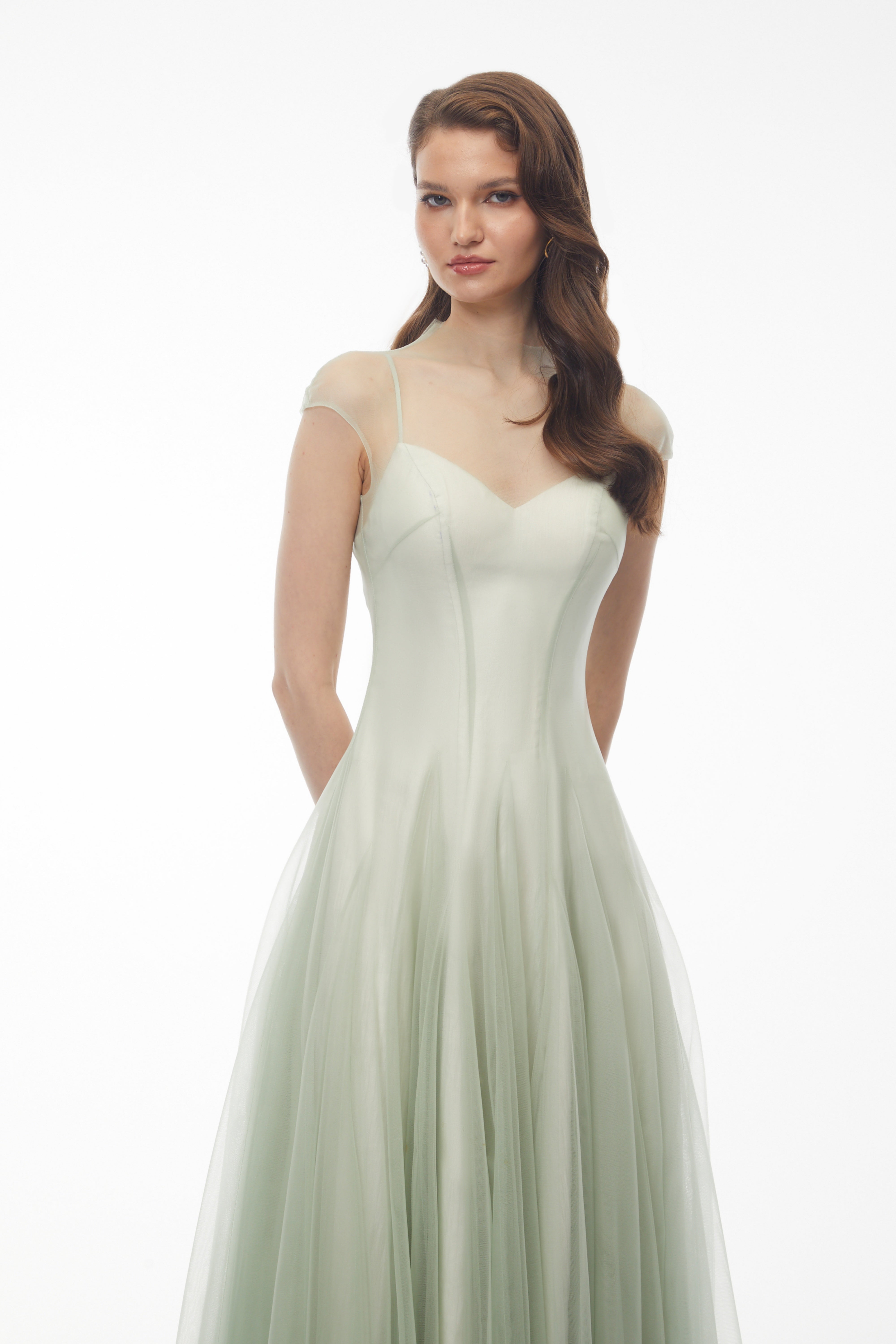 Simin Green Semi-Sheer Tulle Maxi Dress