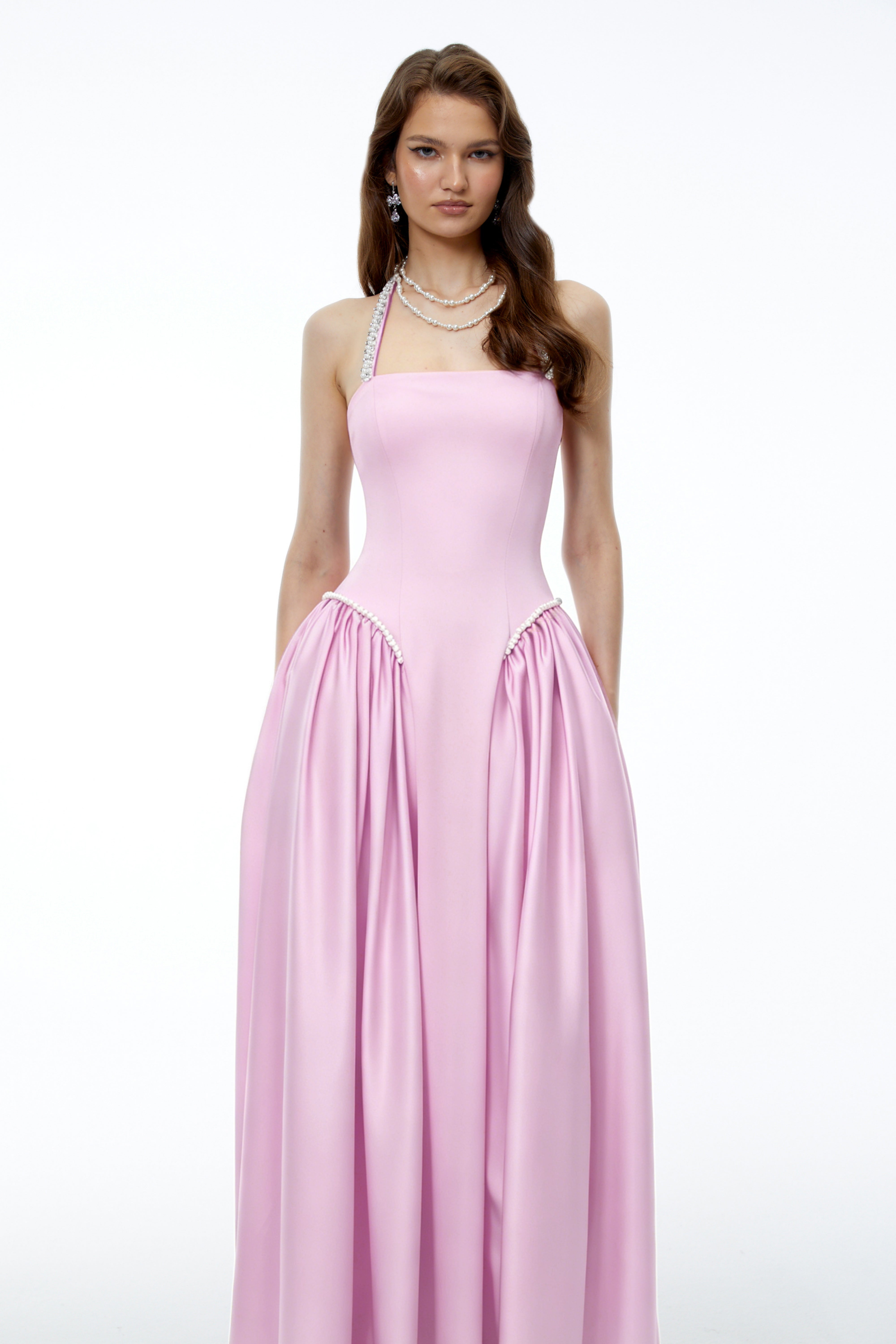 Siobhan Pink Halterneck Maxi Dress with Pearl Trim
