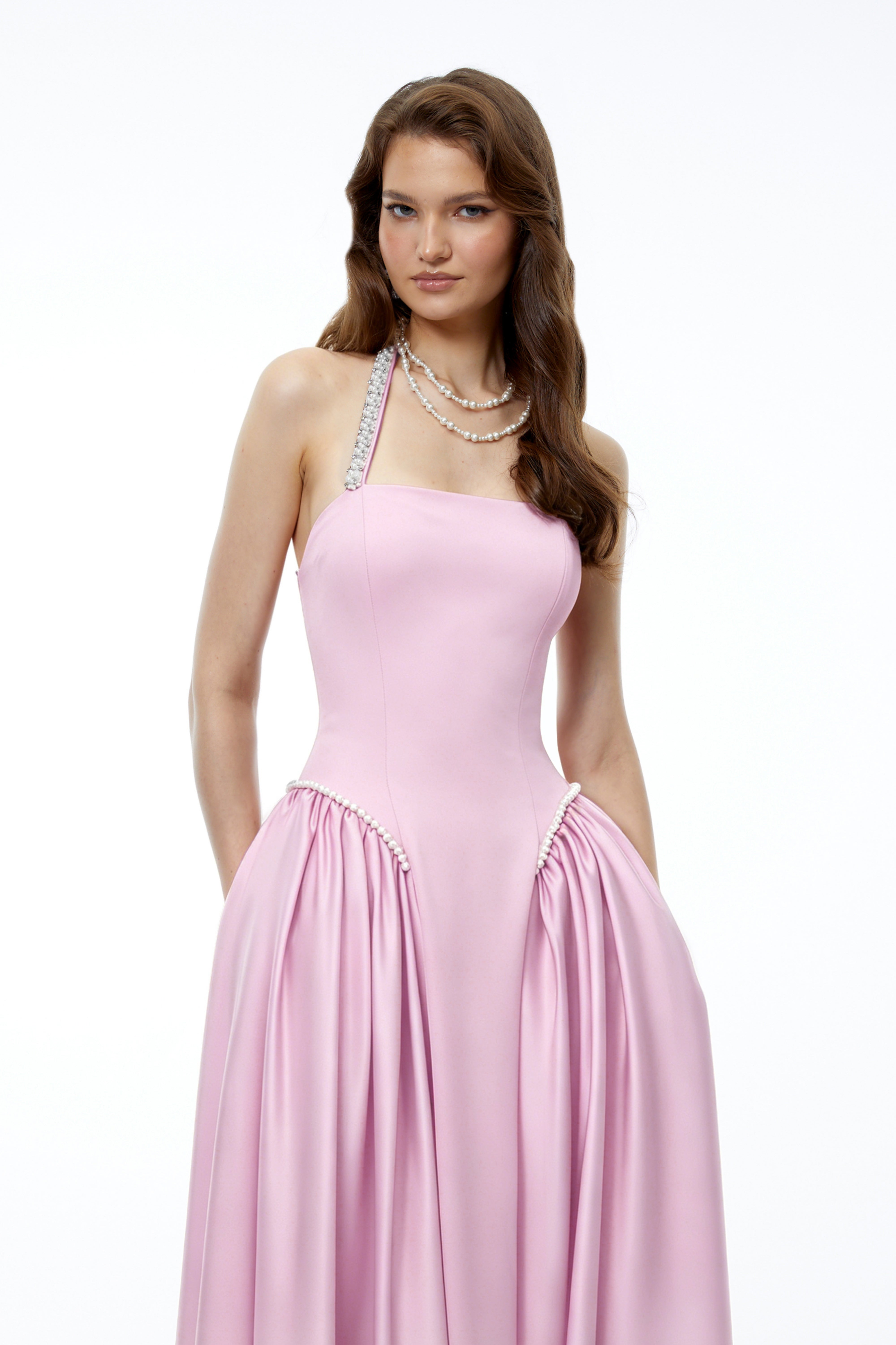 Siobhan Pink Halterneck Maxi Dress with Pearl Trim