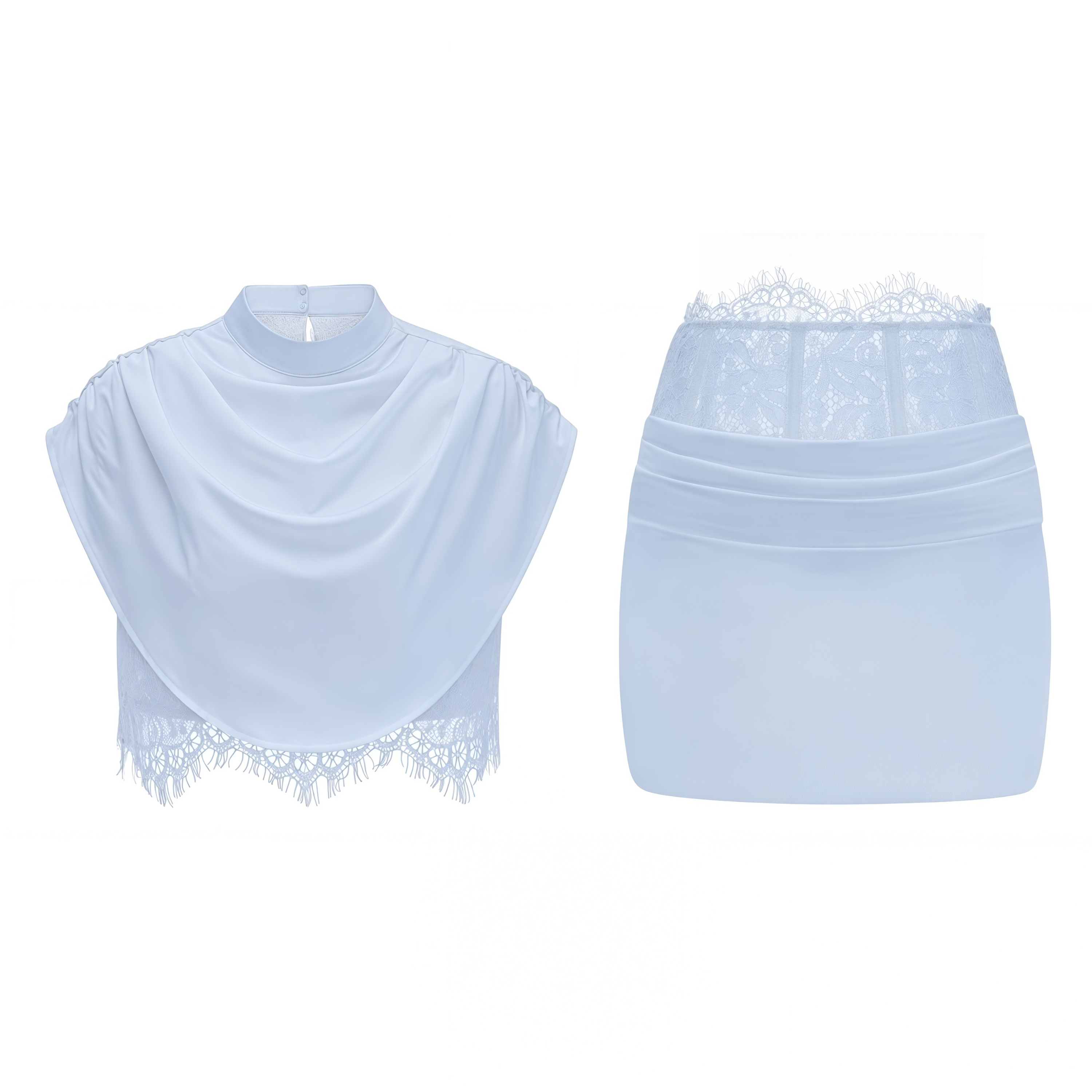 Siosi Blue Ruched Top & Skirt Set with Lace Trim