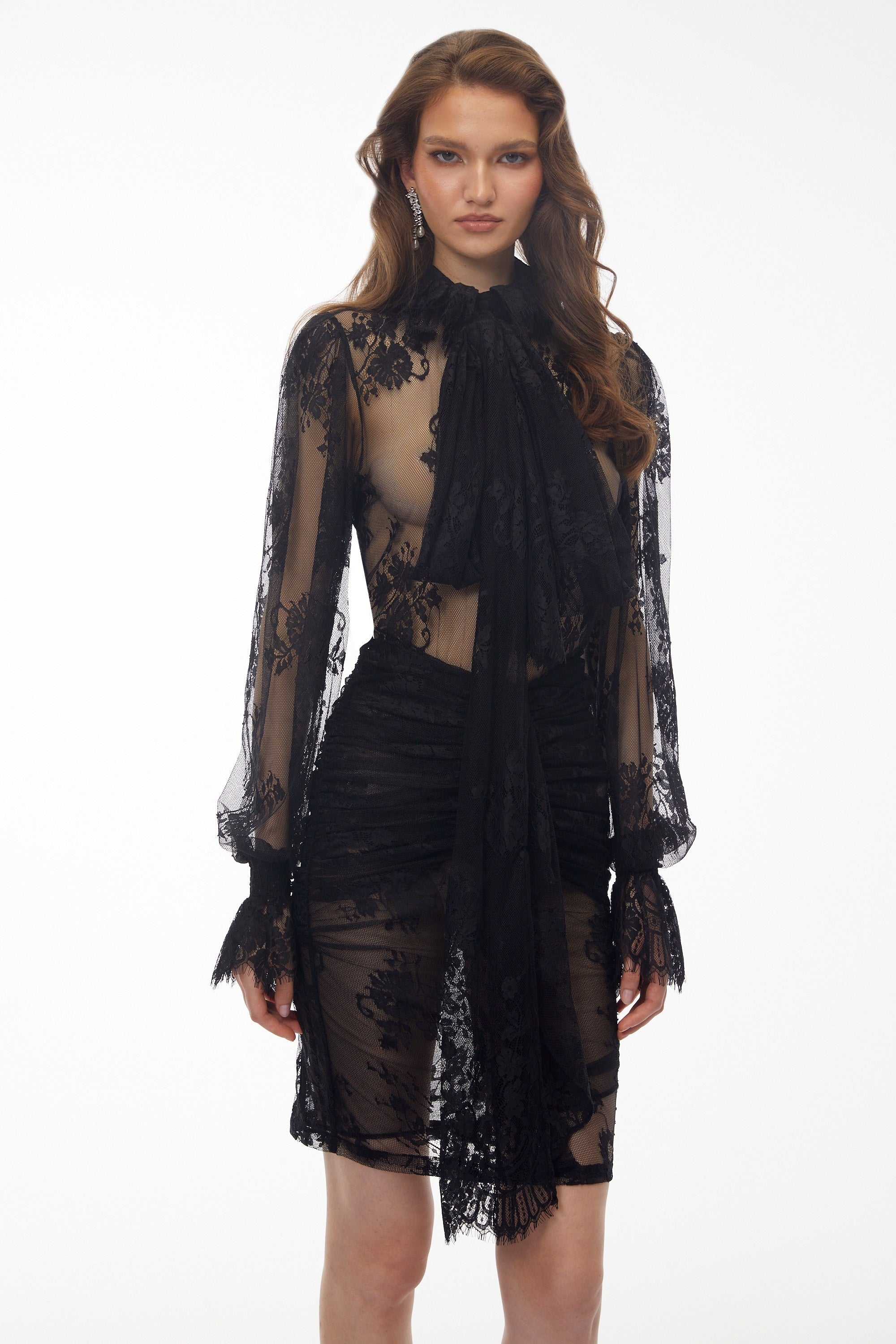 Sofia Black Semi-Sheer Floral Lace Blouse & Skirt Set