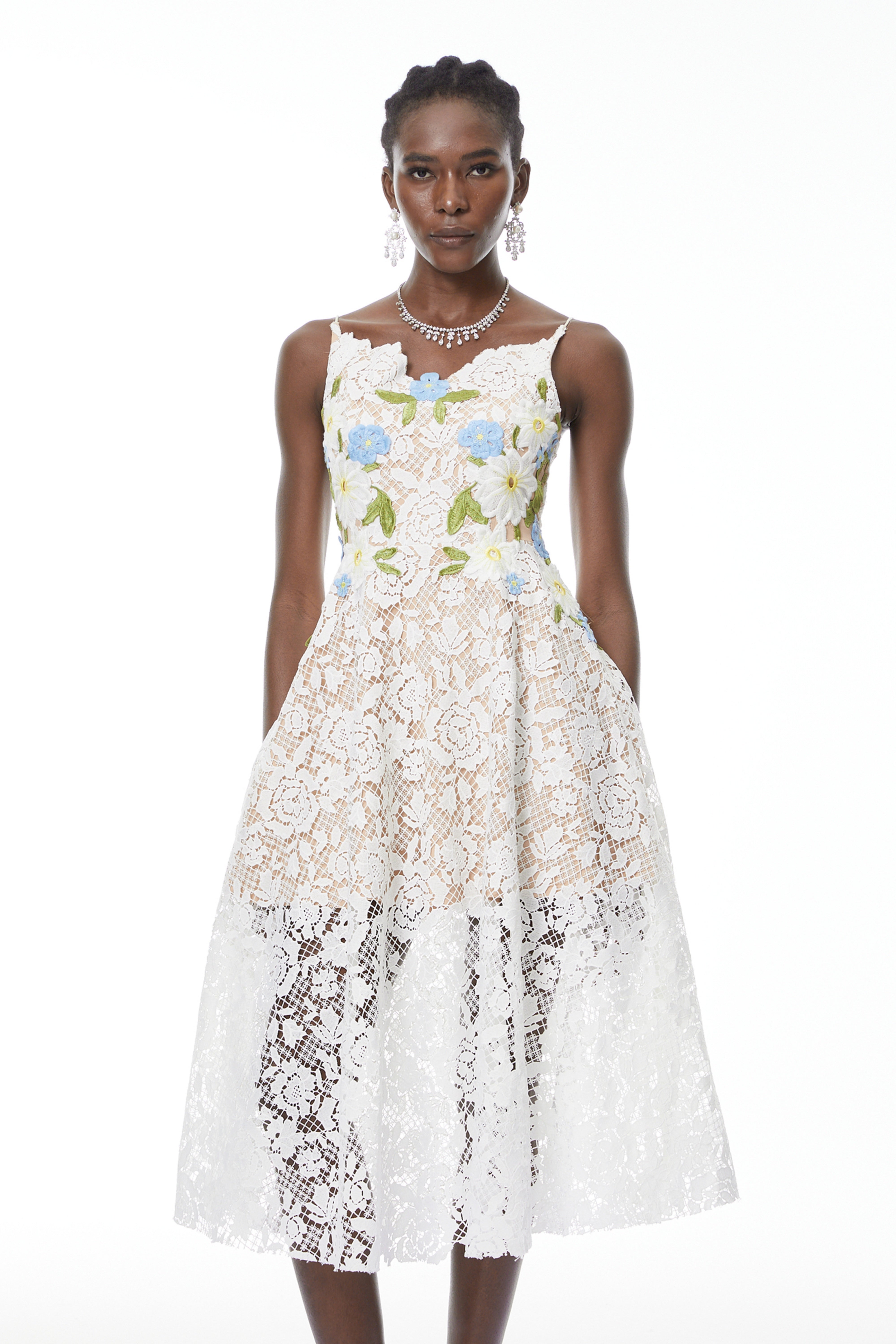 Solea White Floral Embroidered Lace Midi Dress