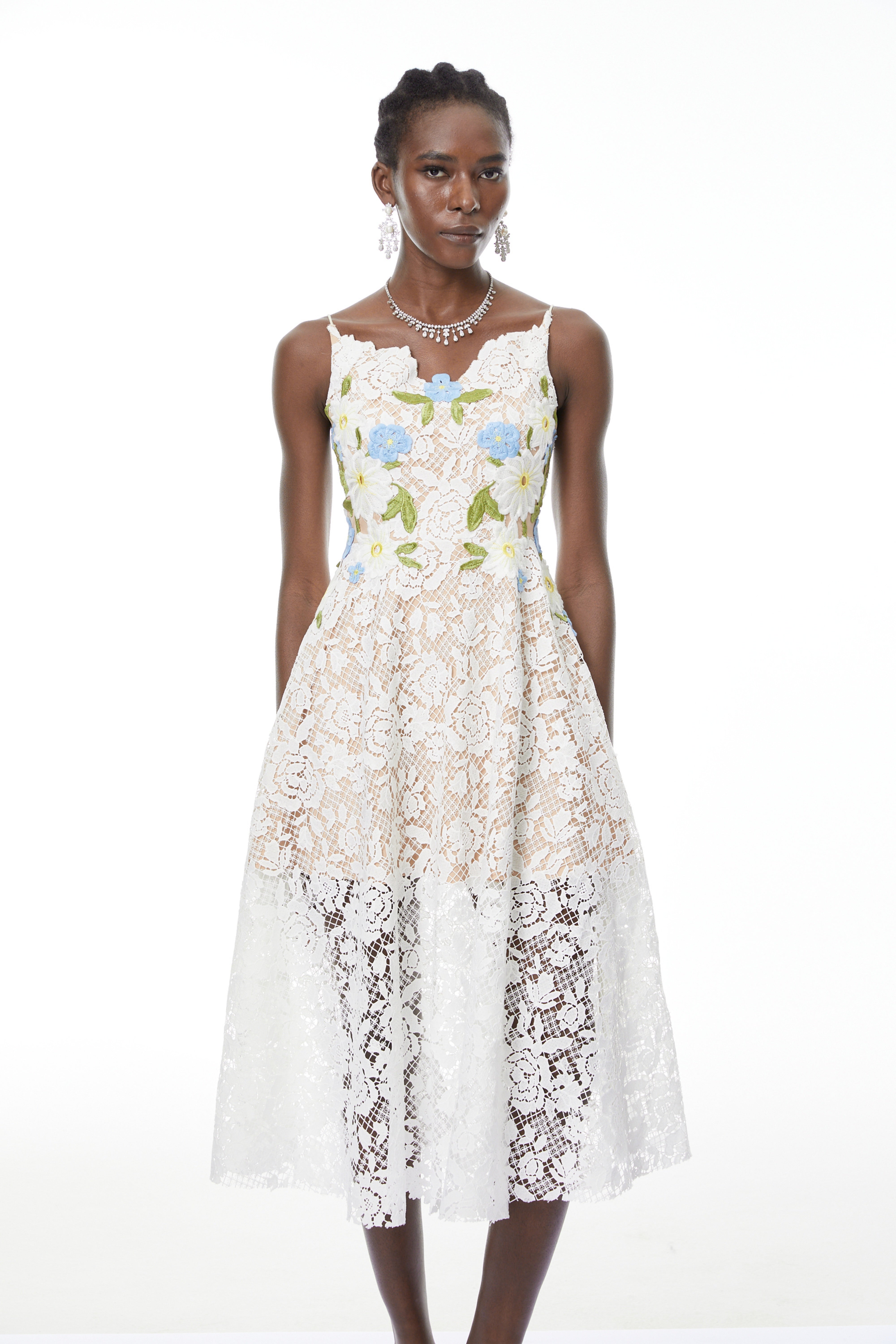 Solea White Floral Embroidered Lace Midi Dress