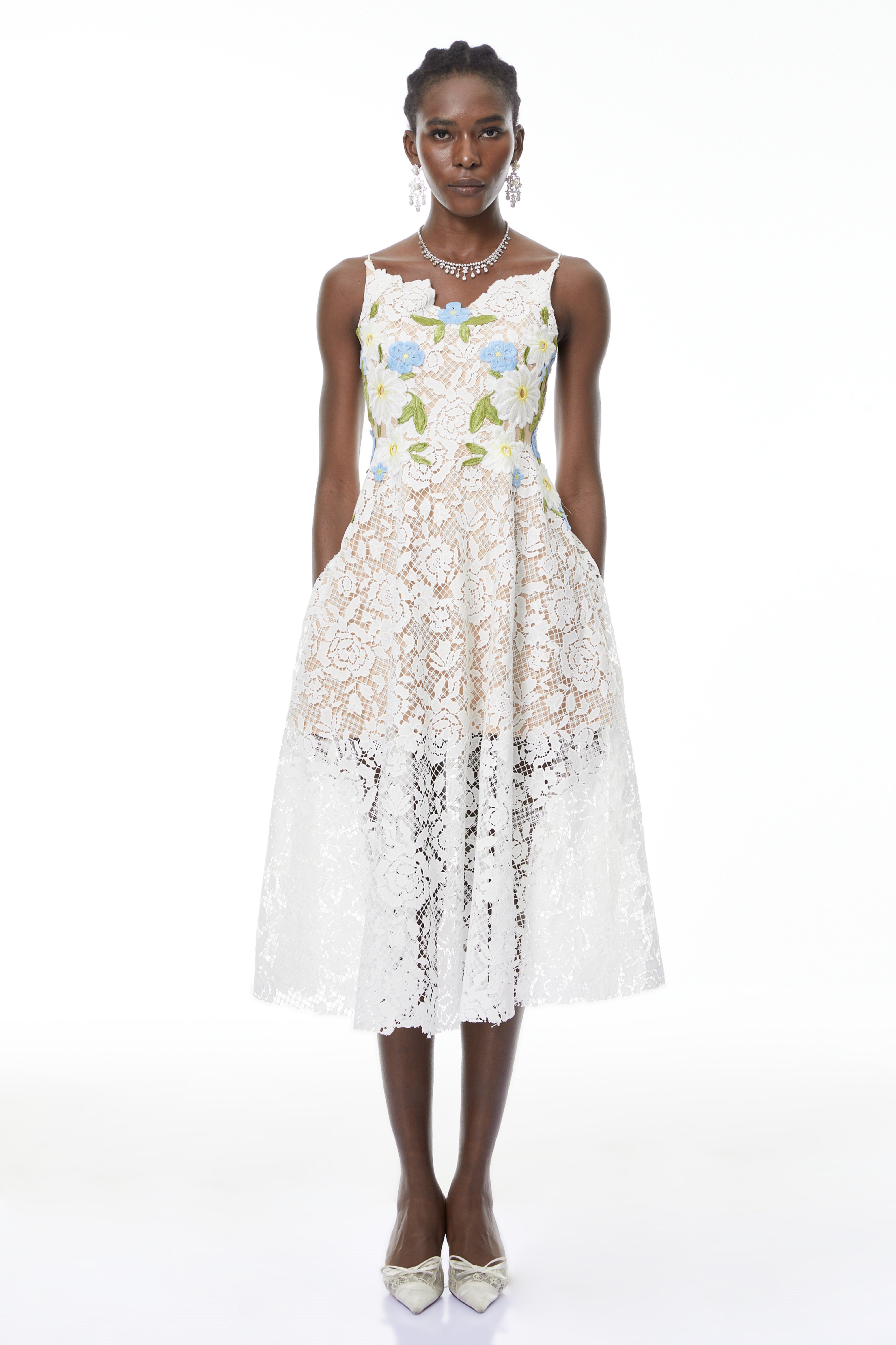 Solea White Floral Embroidered Lace Midi Dress