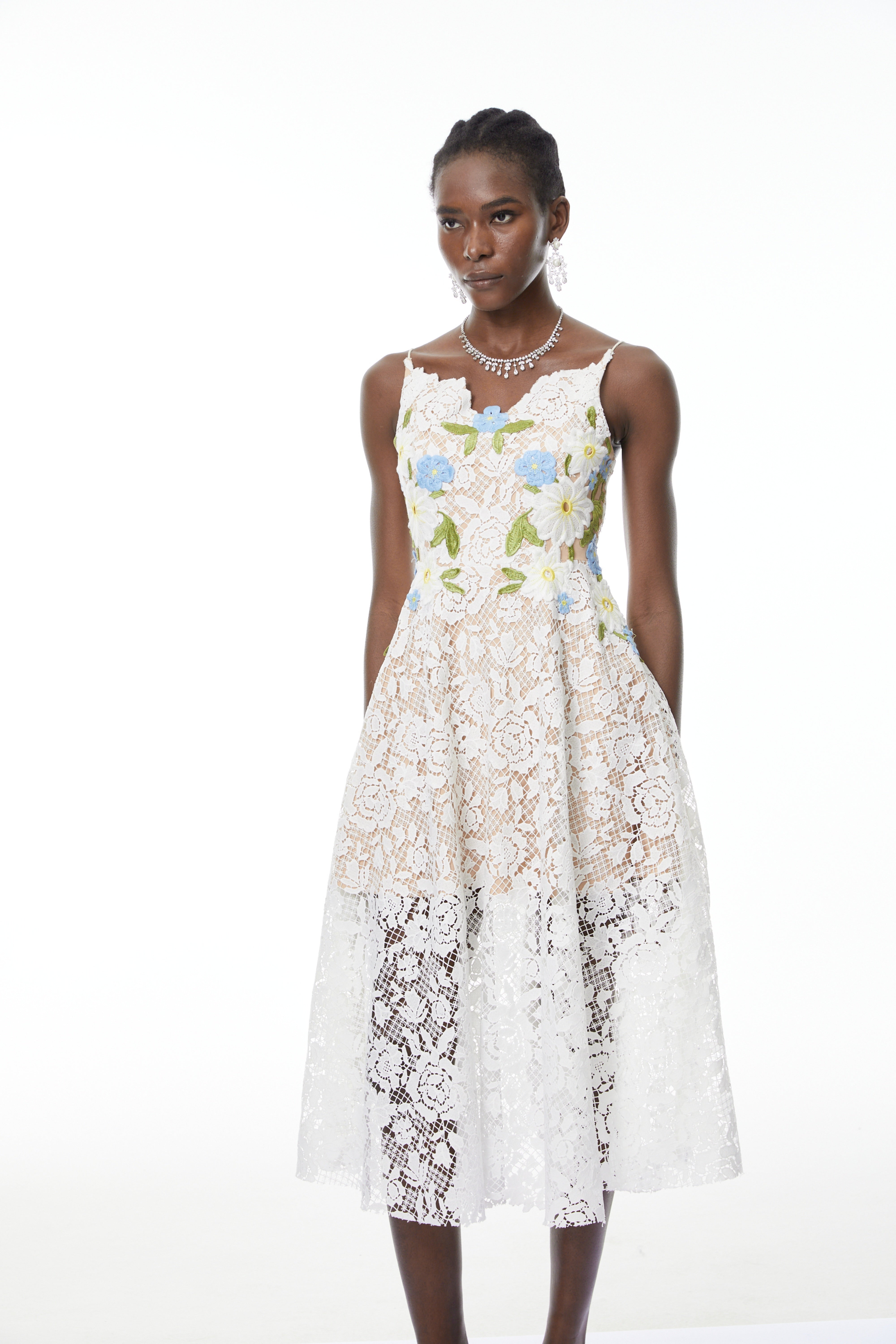 Solea White Floral Embroidered Lace Midi Dress