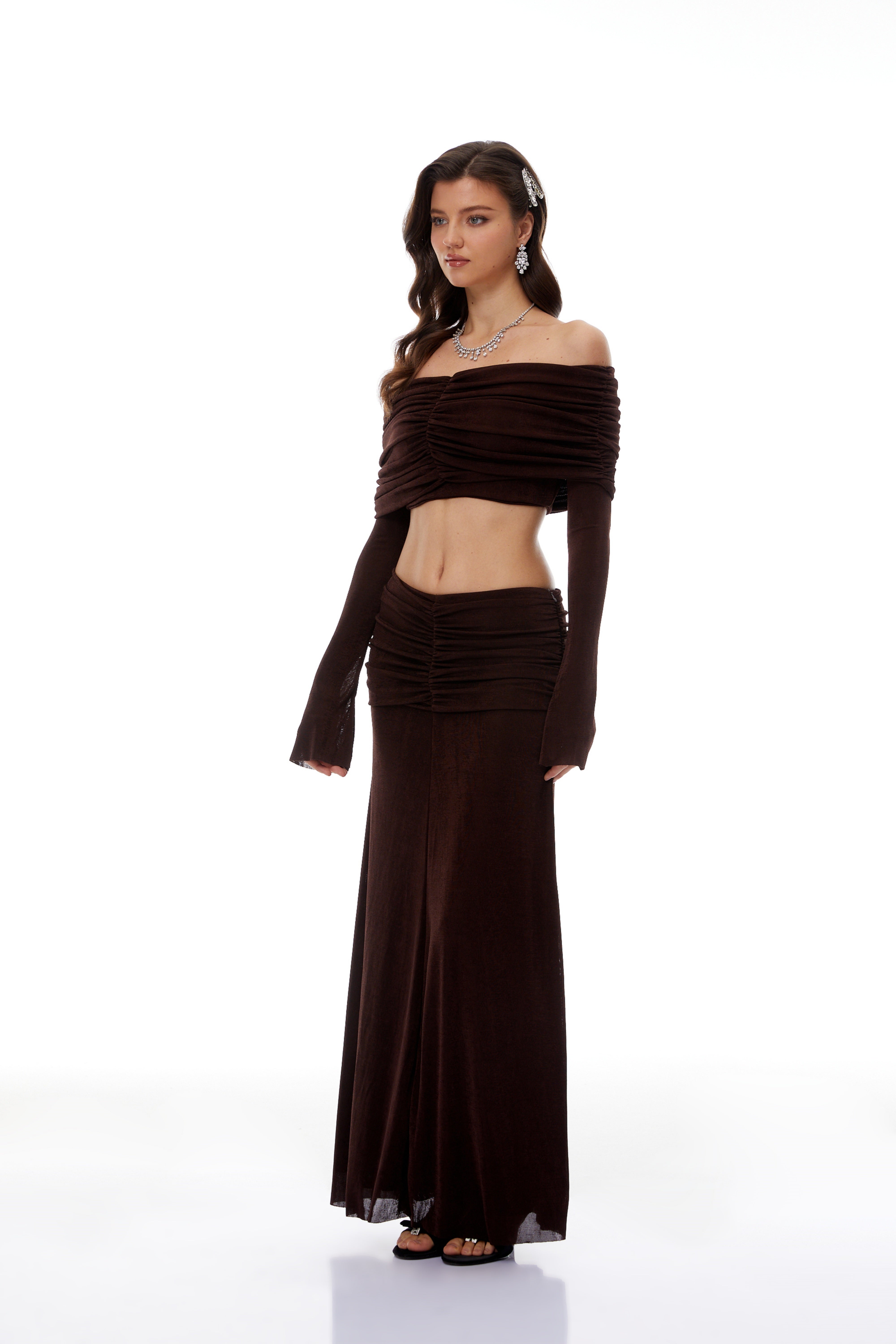 Solene Brown Off-Shoulder Top & Ruched Skirt Set