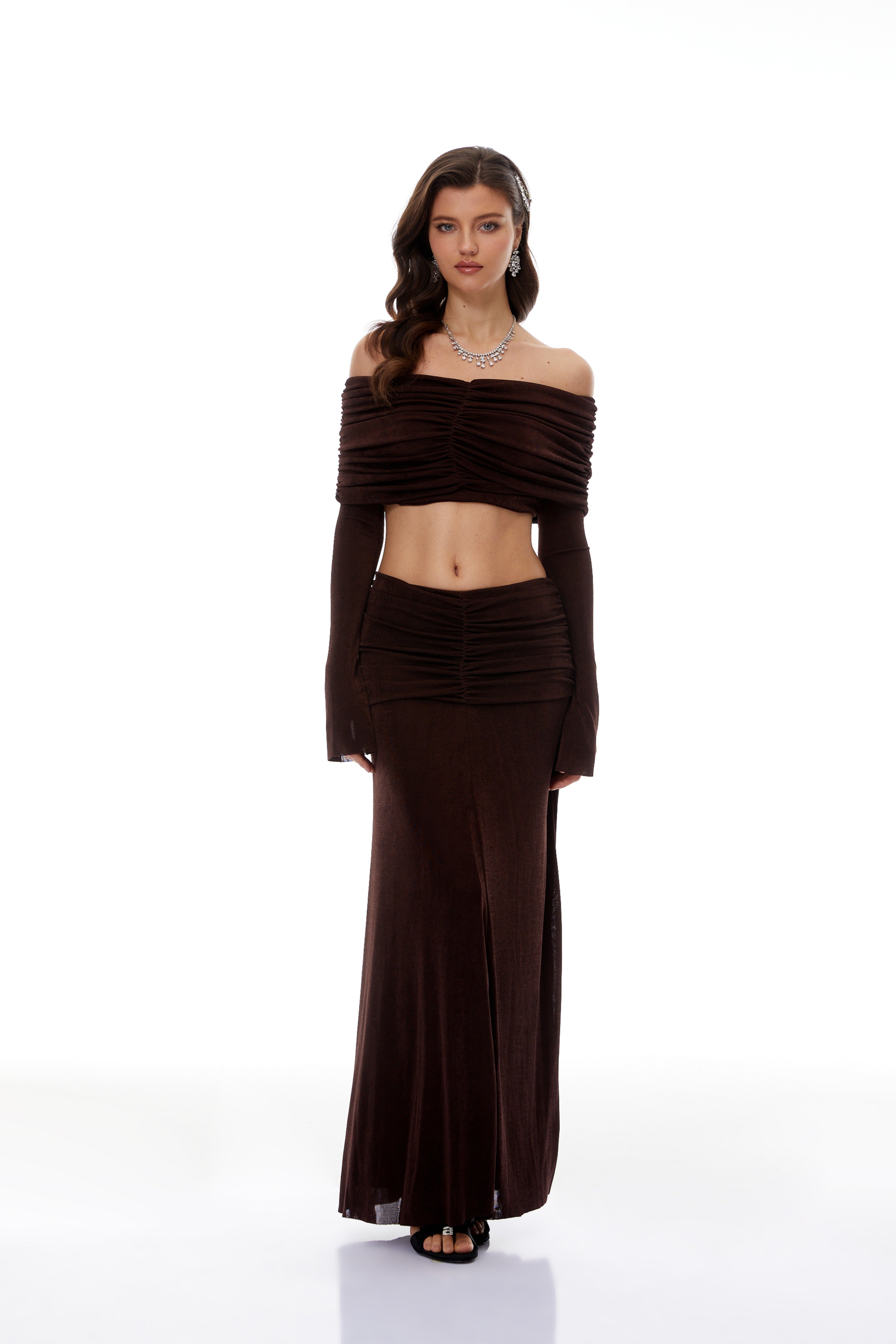 Solene Brown Off-Shoulder Top & Ruched Skirt Set