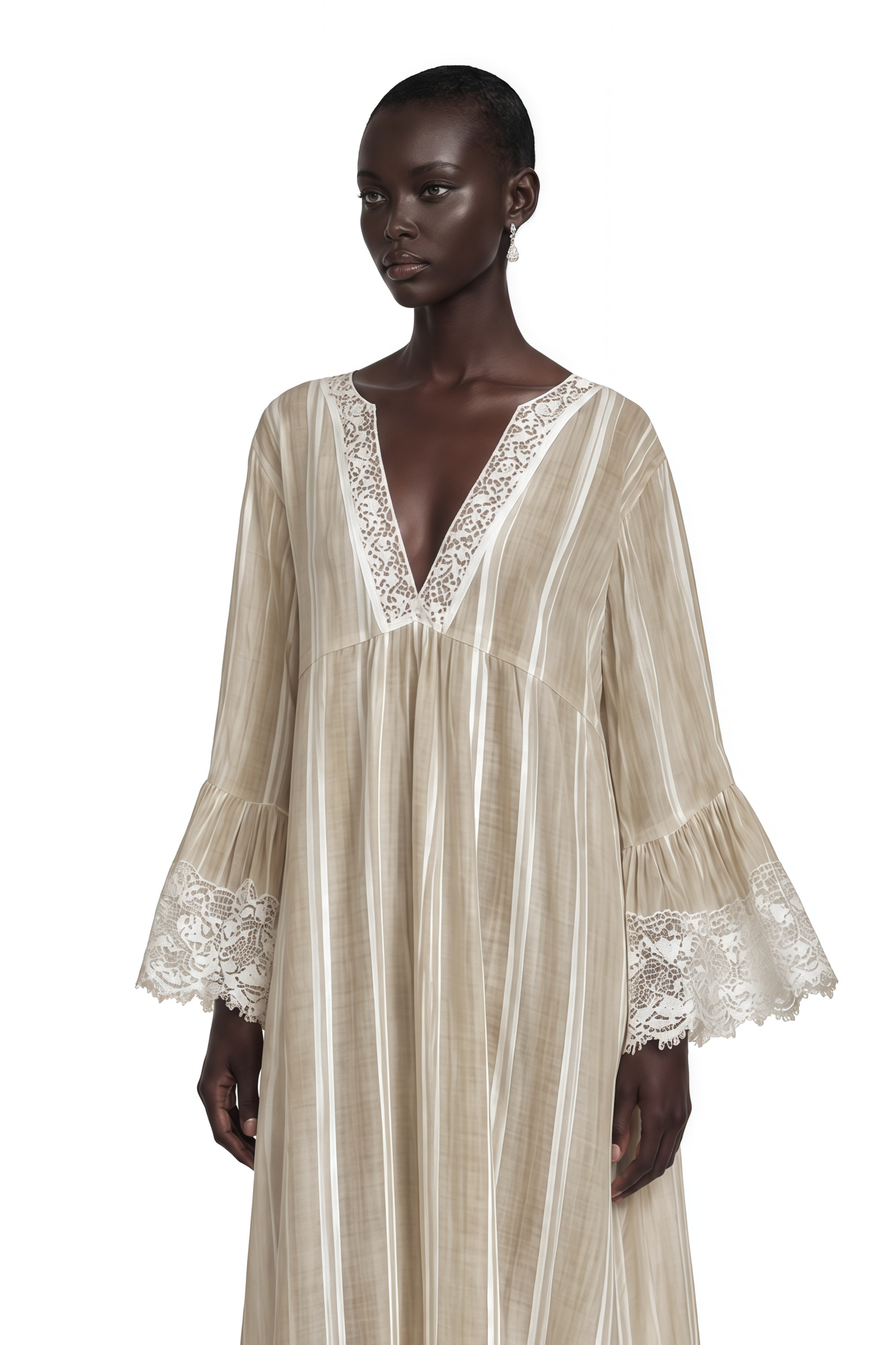 Solene Beige Striped Maxi Dress with Lace Trim