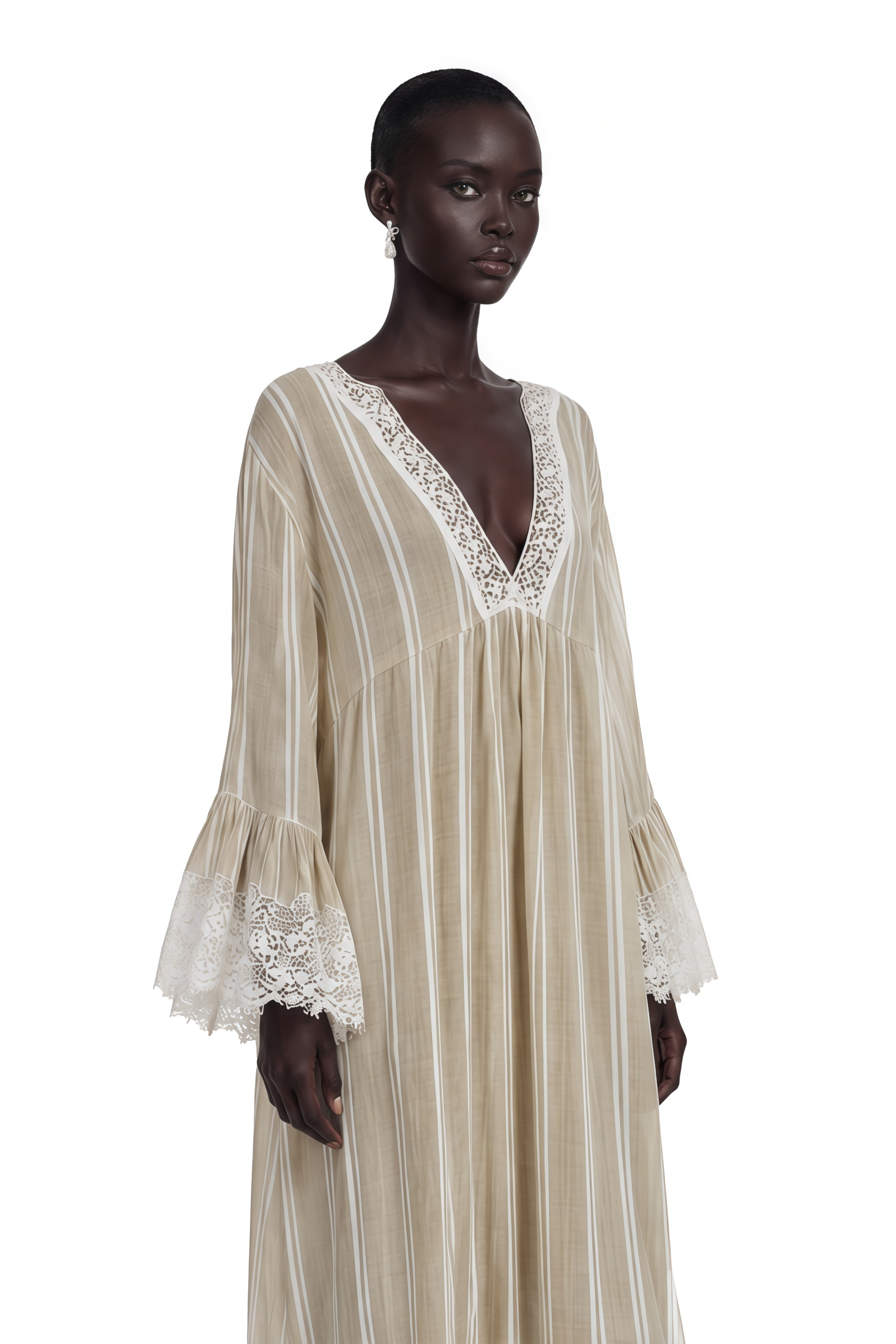 Solene Beige Striped Maxi Dress with Lace Trim