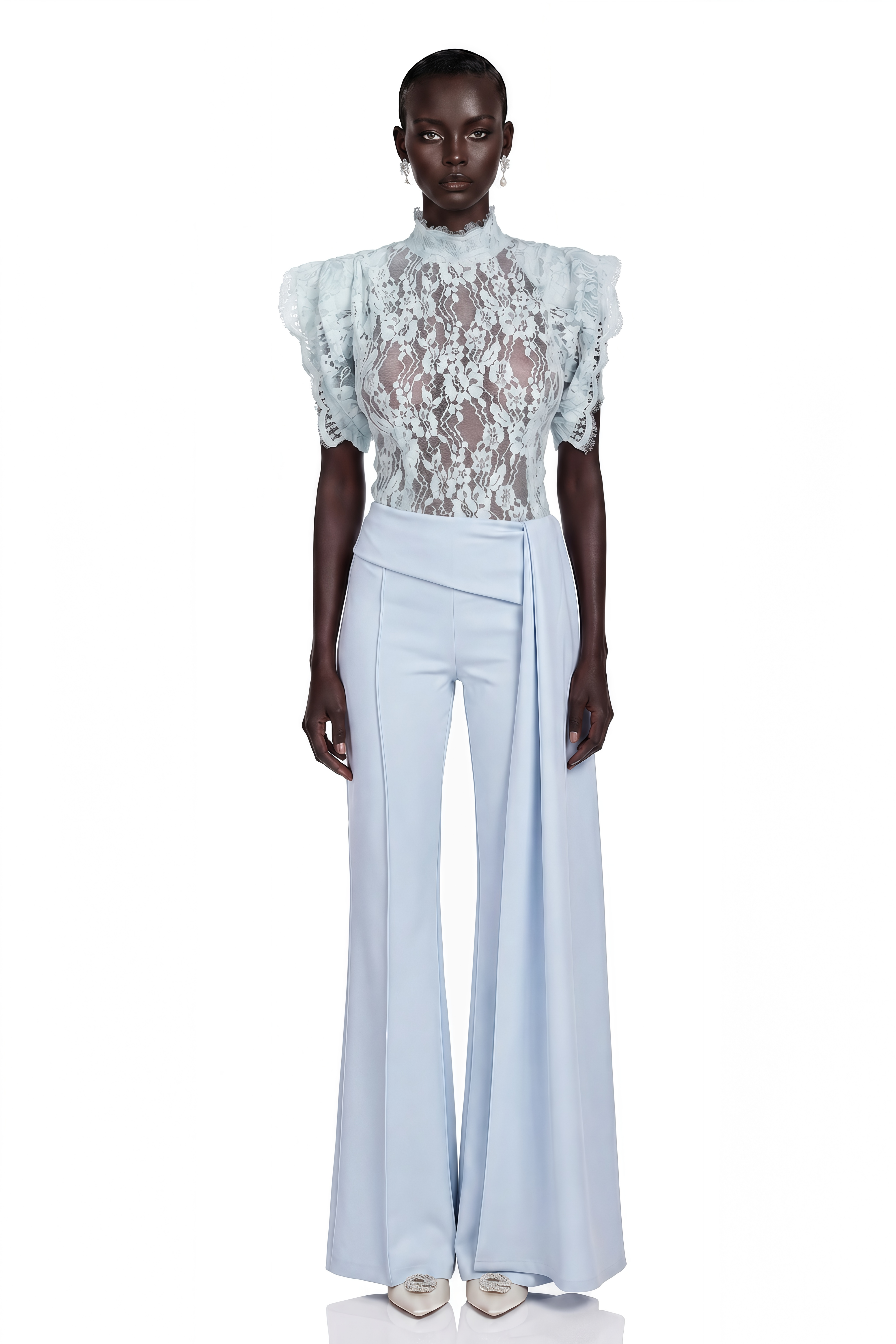 Soline Blue Turtleneck Lace Top & Draped Trousers Set