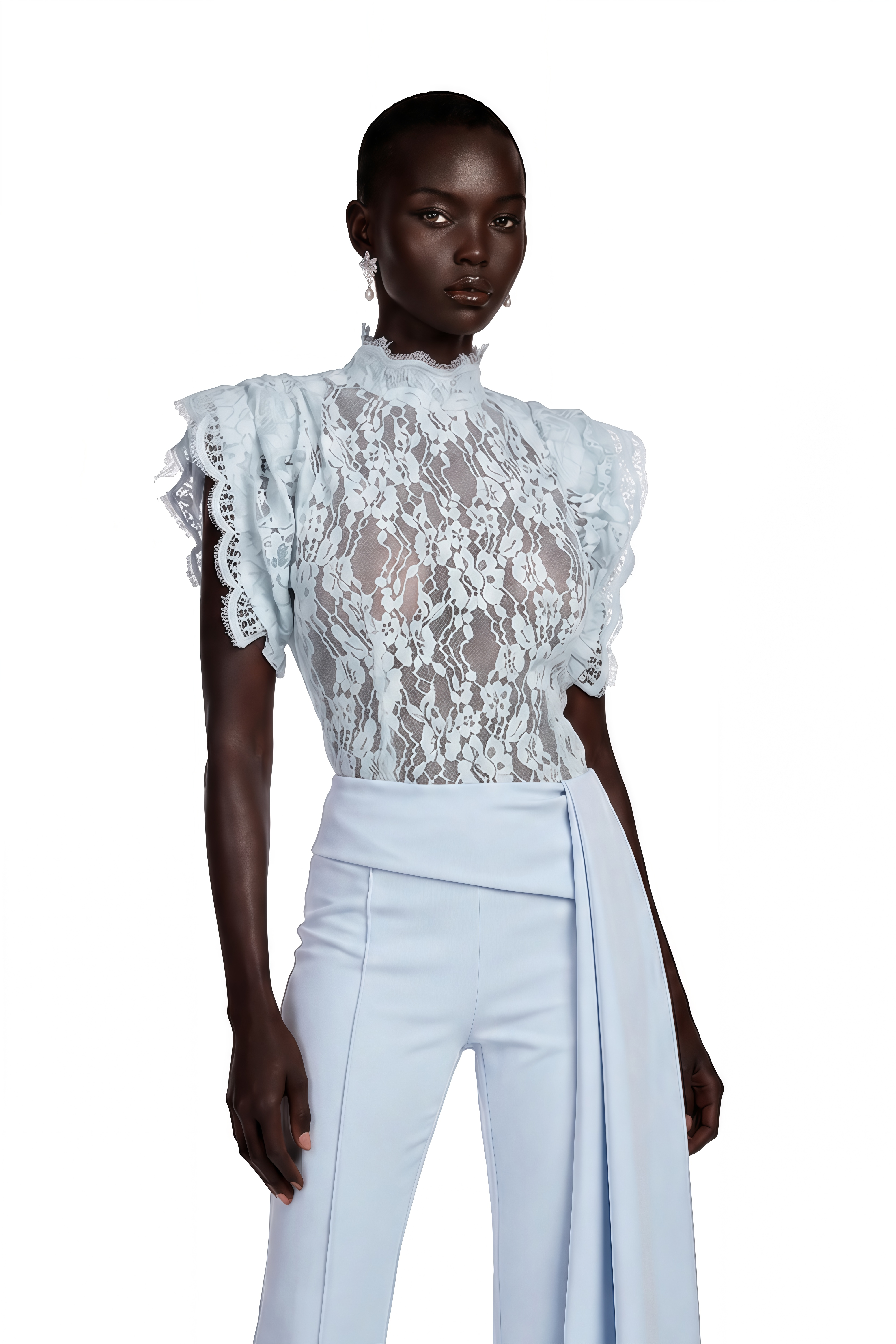 Soline Blue Turtleneck Lace Top & Draped Trousers Set