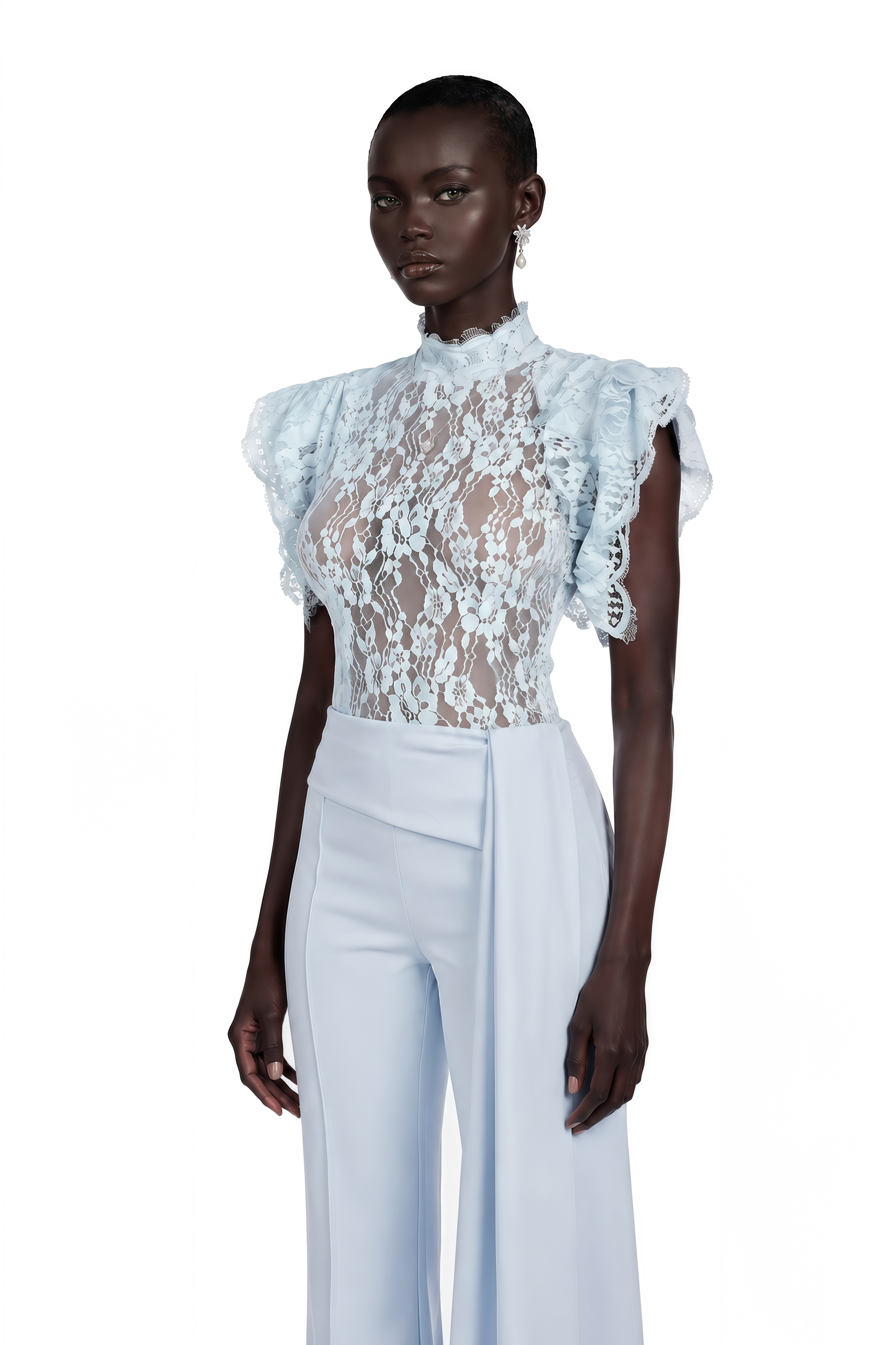 Soline Blue Turtleneck Lace Top & Draped Trousers Set