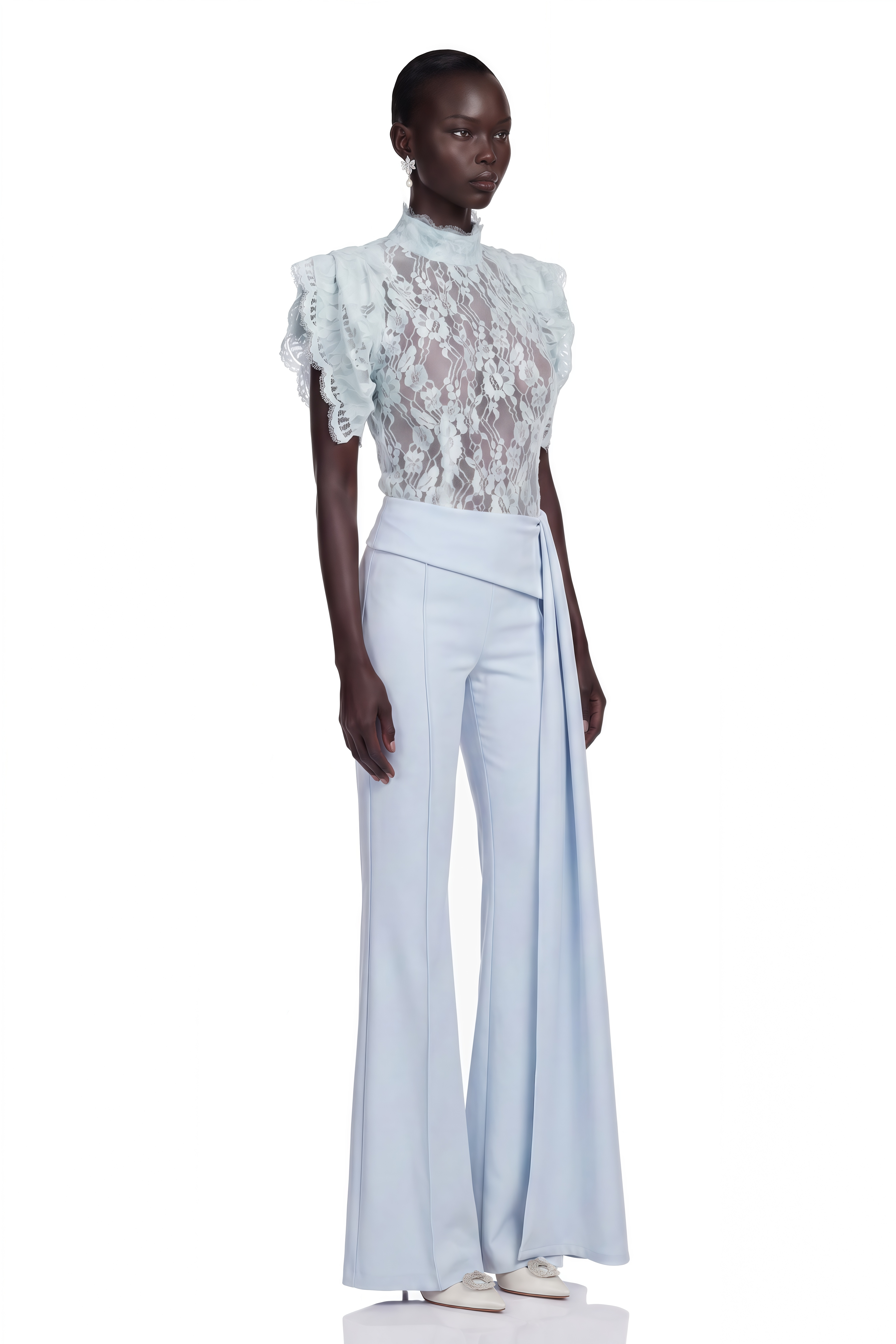 Soline Blue Turtleneck Lace Top & Draped Trousers Set