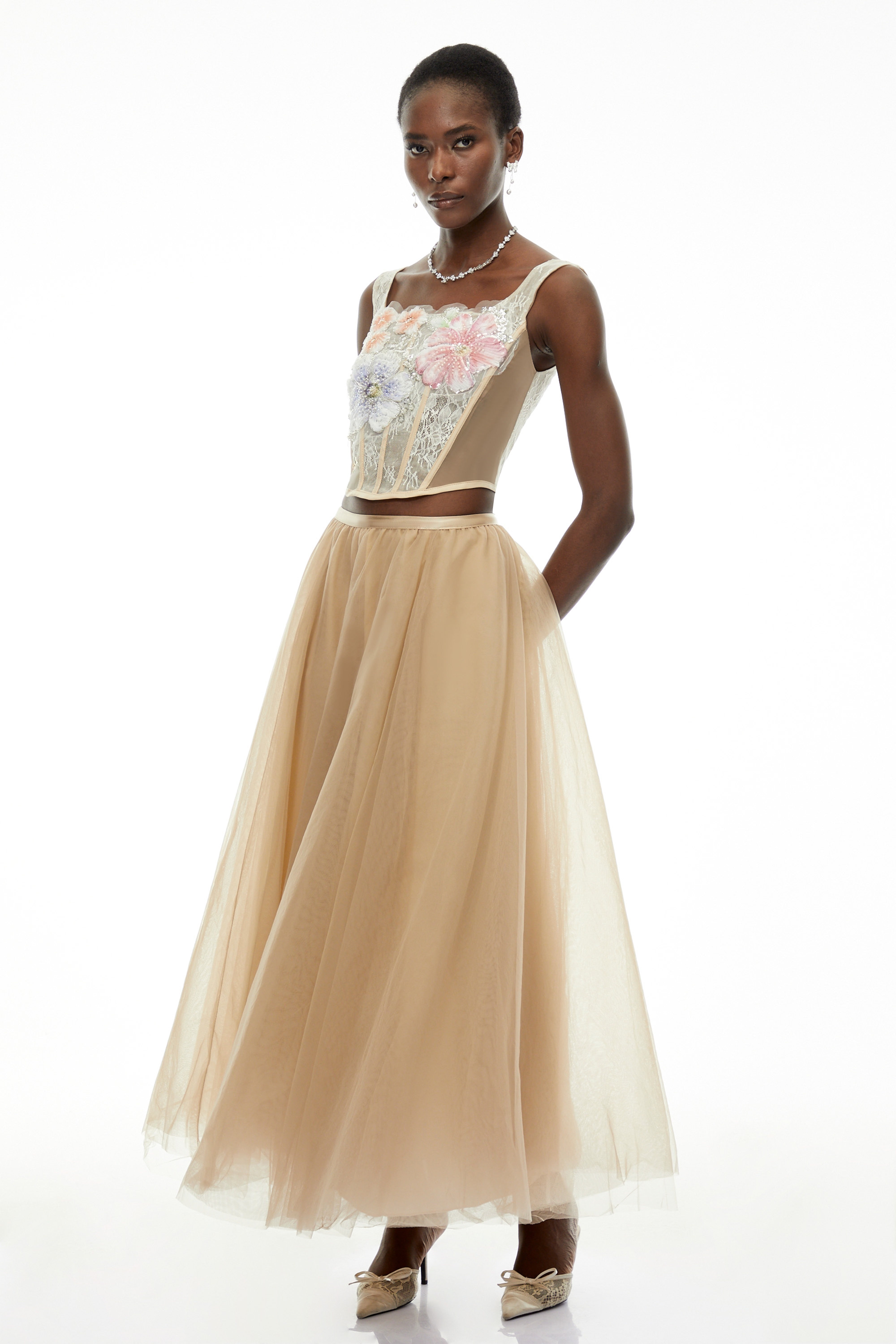 Solveig Champagne 3D Floral Applique Top & Skirt Set