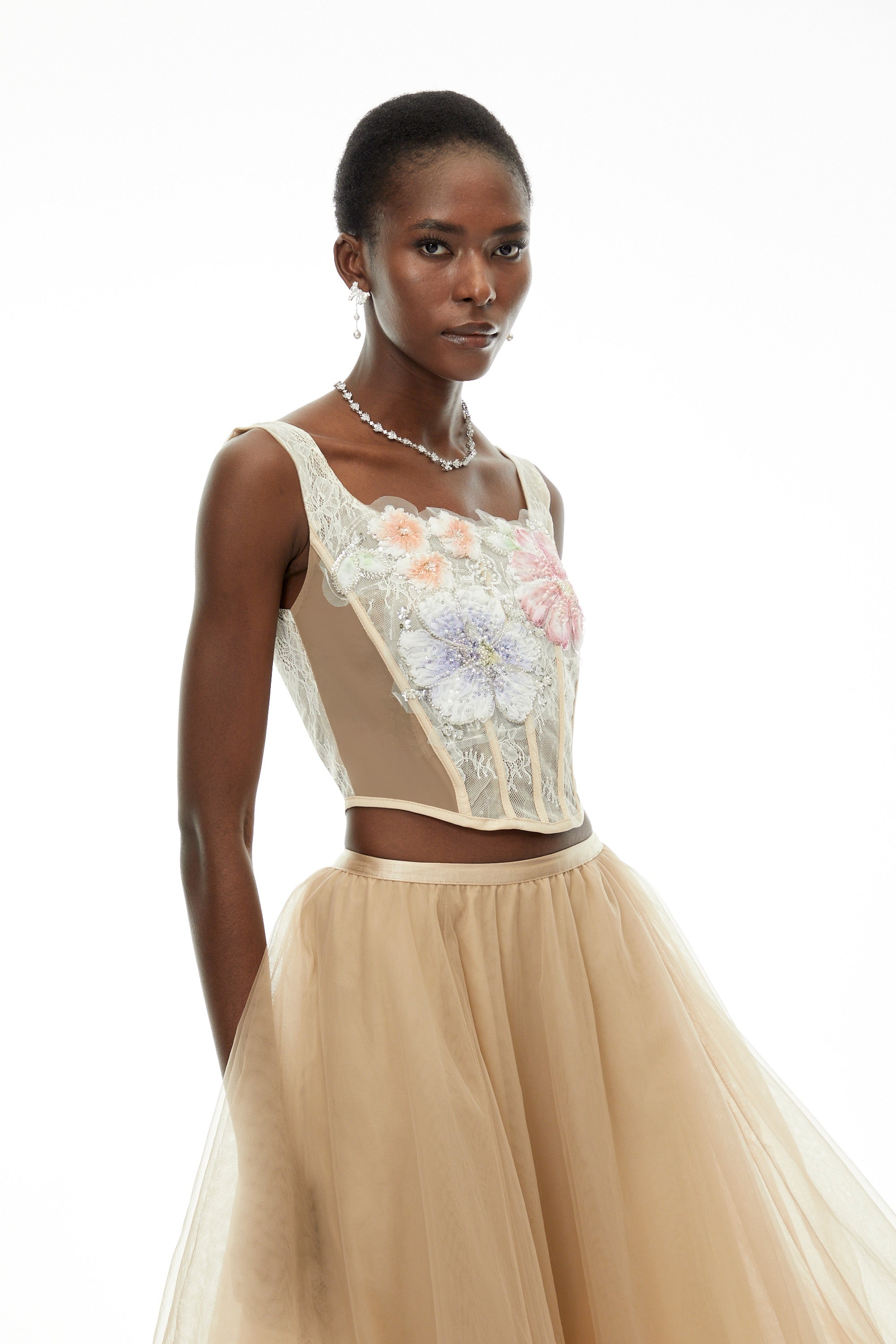 Solveig Champagne 3D Floral Applique Top & Skirt Set