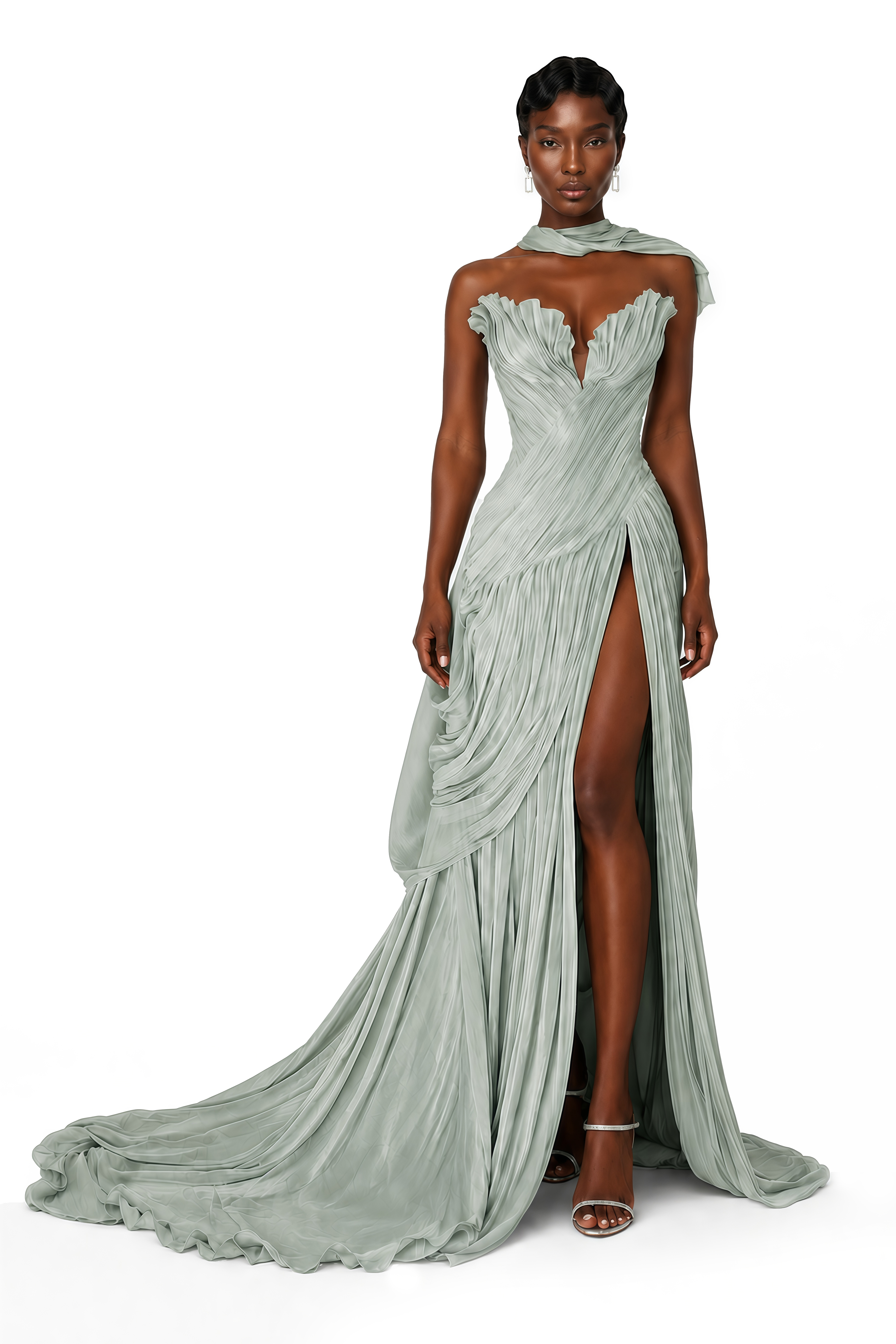 Solveig Green Off Shoulder Pleated Maxi Dress with Hign Slit