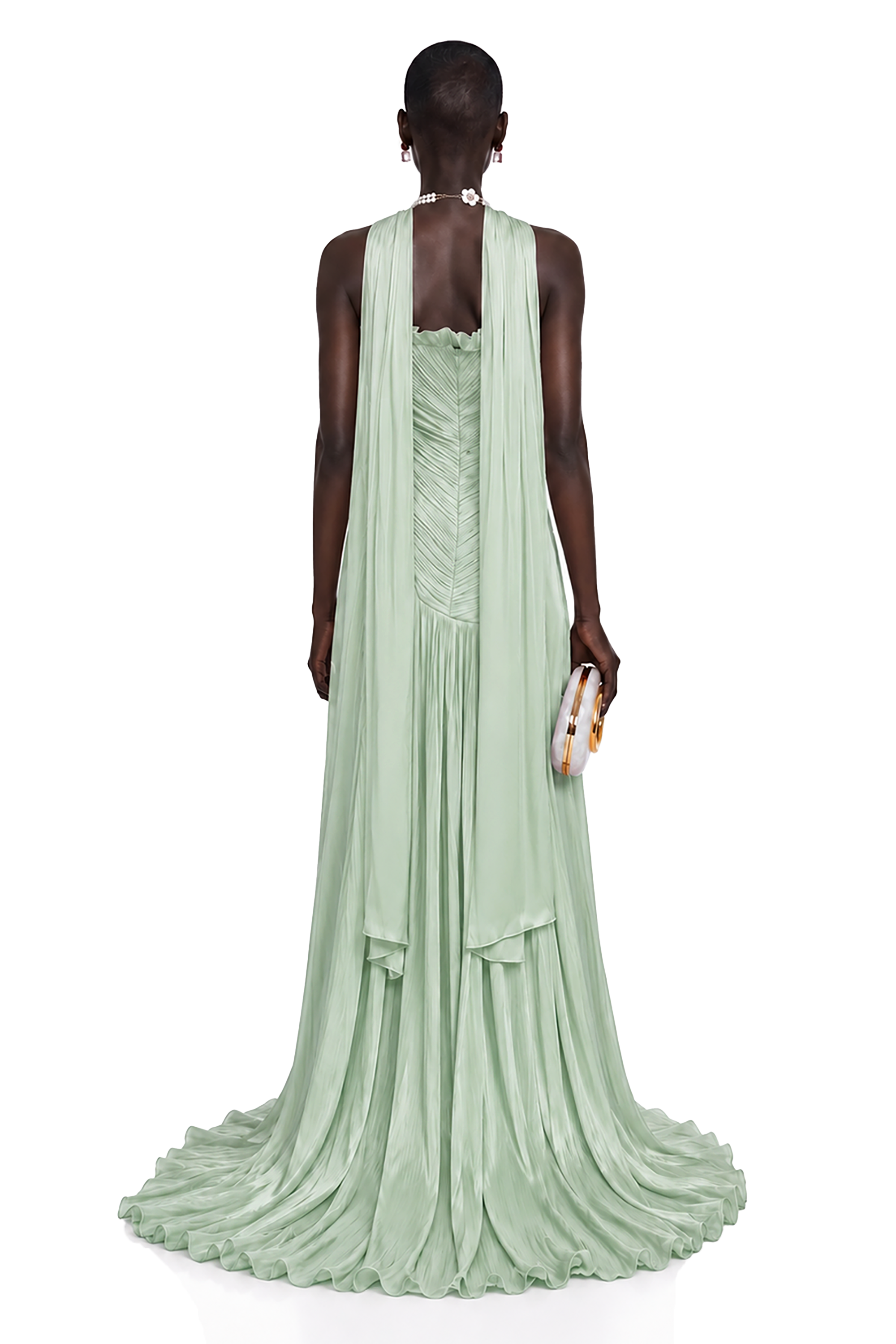 Solveig Green Off Shoulder Pleated Maxi Dress with Hign Slit