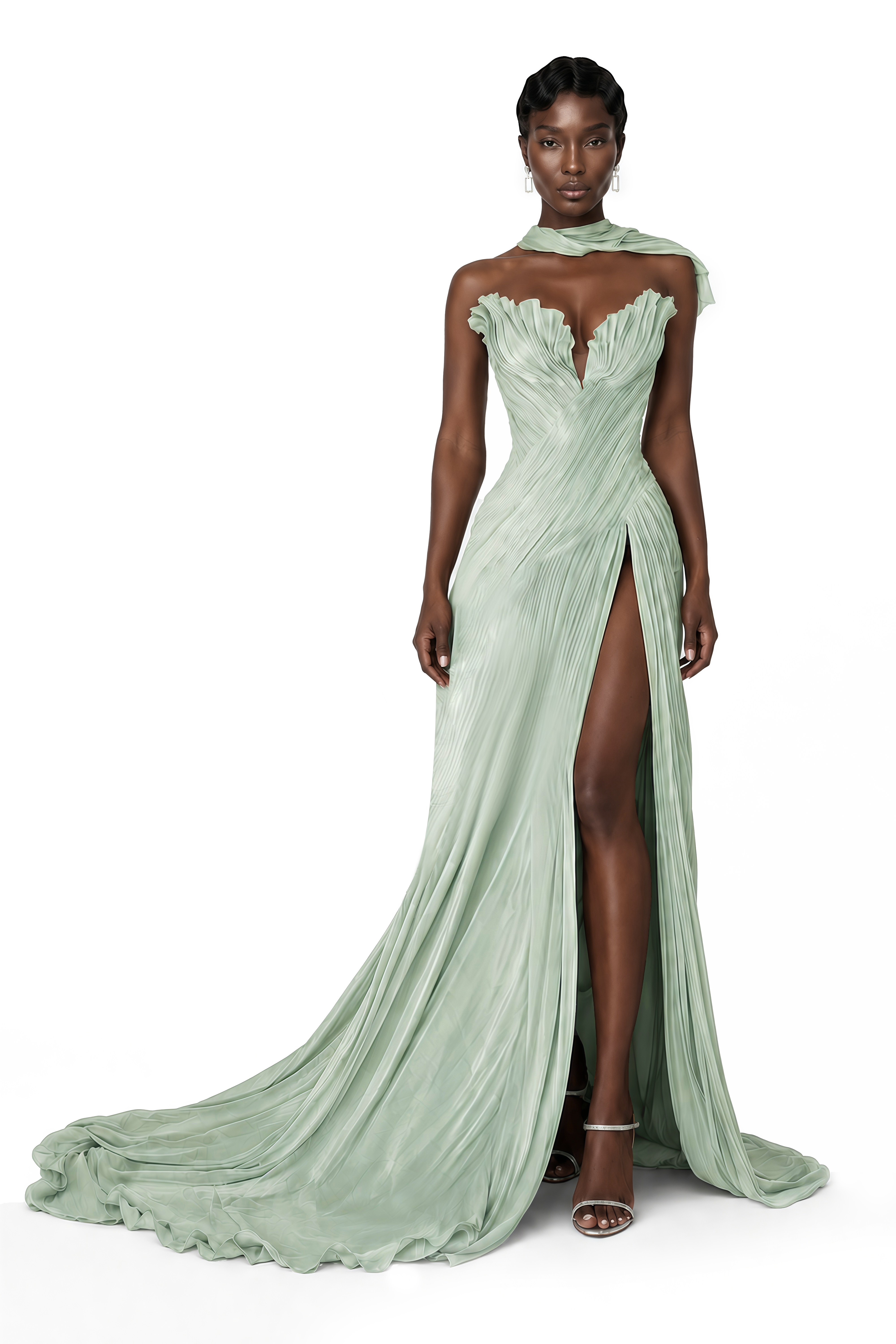Solveig Green Off Shoulder Pleated Maxi Dress with Hign Slit
