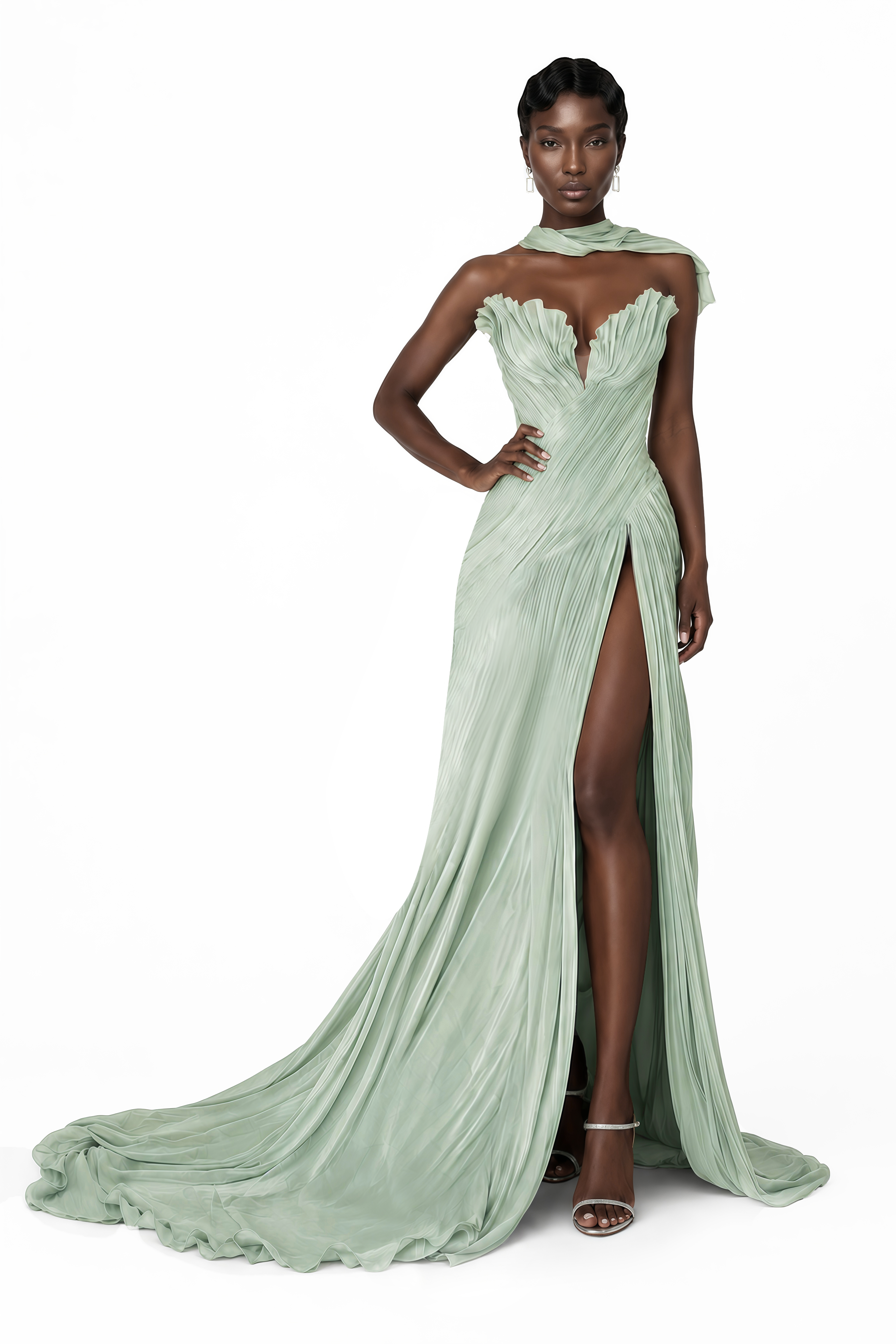 Sage green plisse maxi dress with a strapless top, neck scarf, and high leg slit