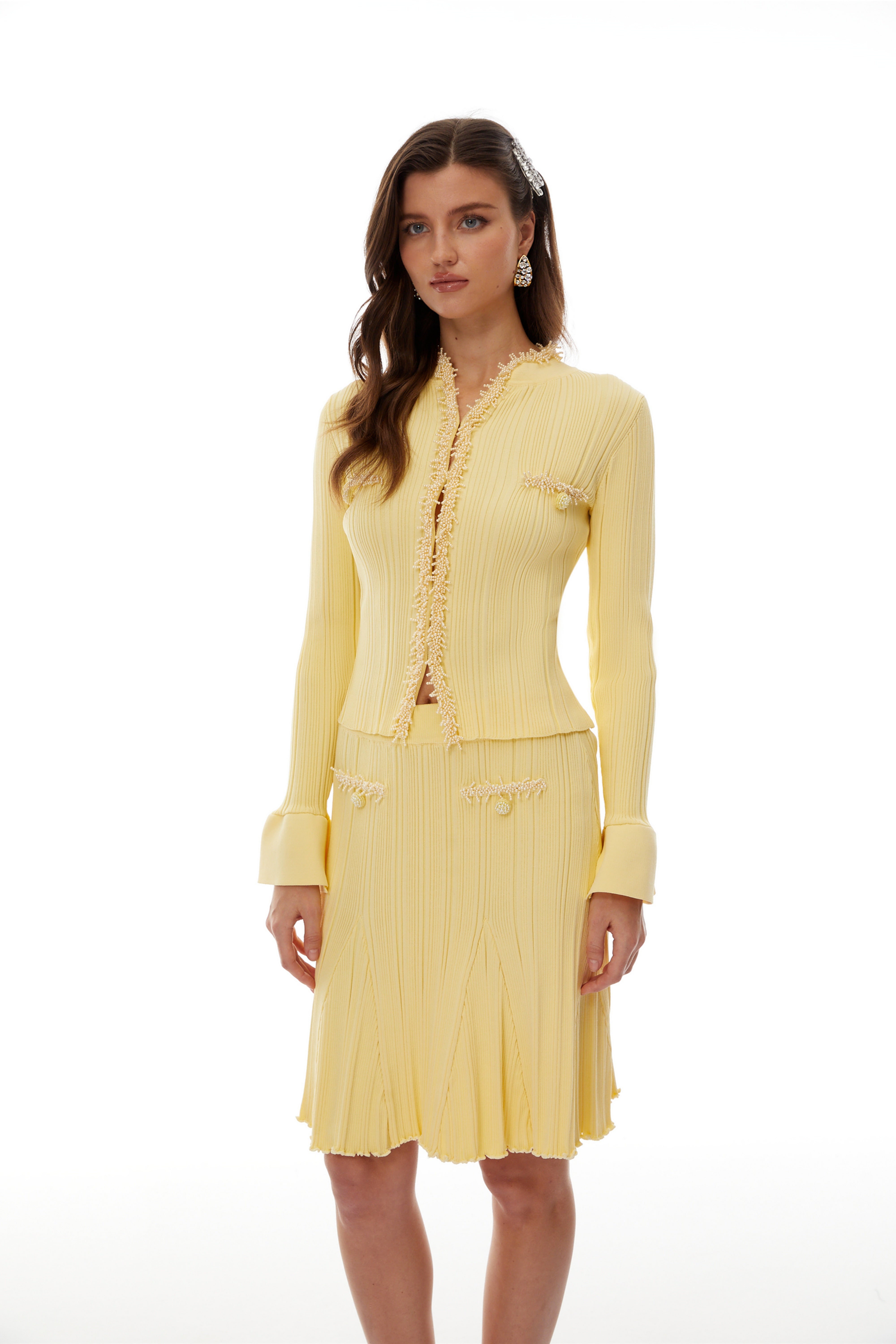Sólveig Yellow Beaded Knit Blouse & Skirt Set